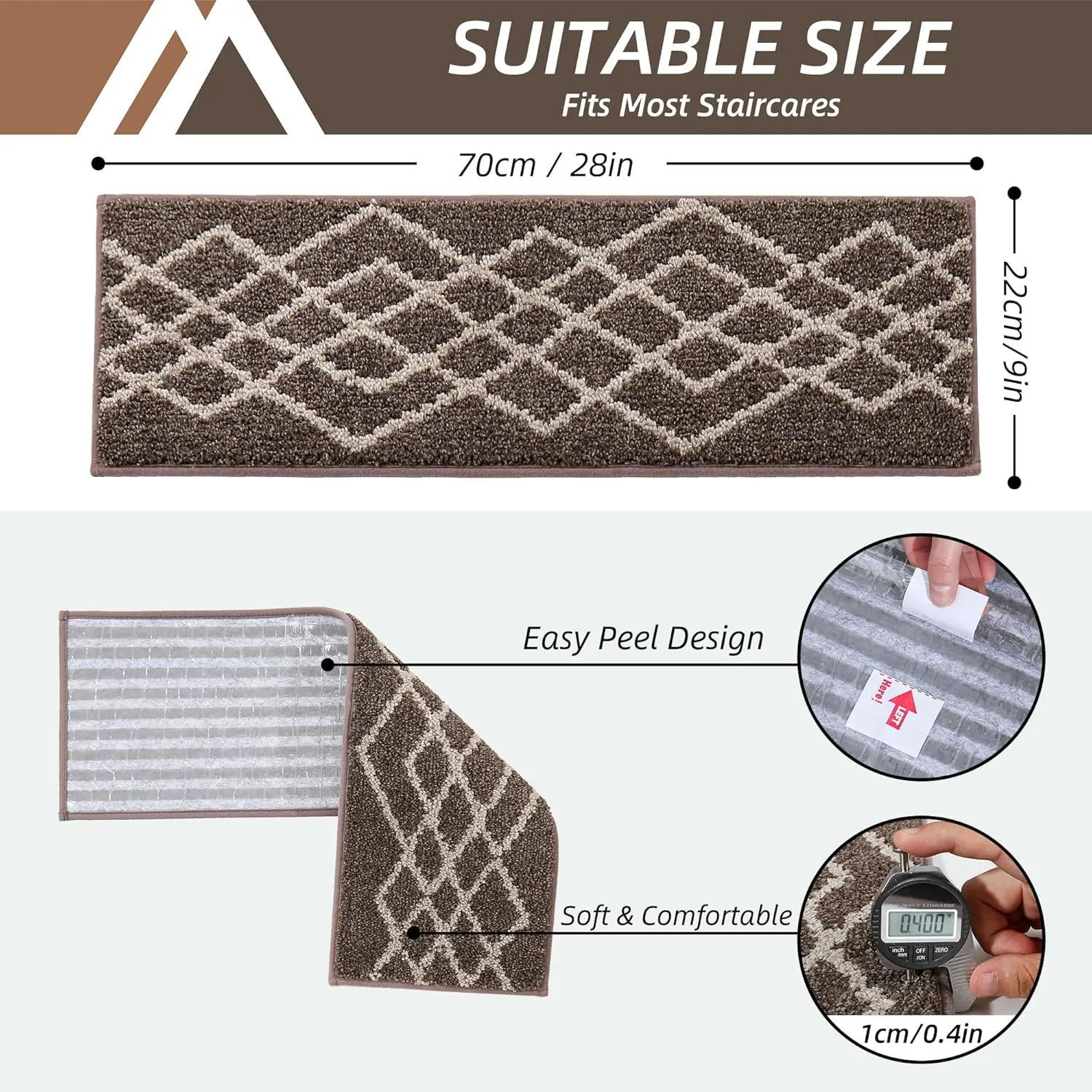 COSY HOMEER Soft Stair Treads Non-Slip Carpet Mat 28inX9in Indoor Stair Runners for Wooden Steps,Stair Rugs for Kids and Dogs, 100% Polyester TPE Backing 4pcs,Brown,Rhombus