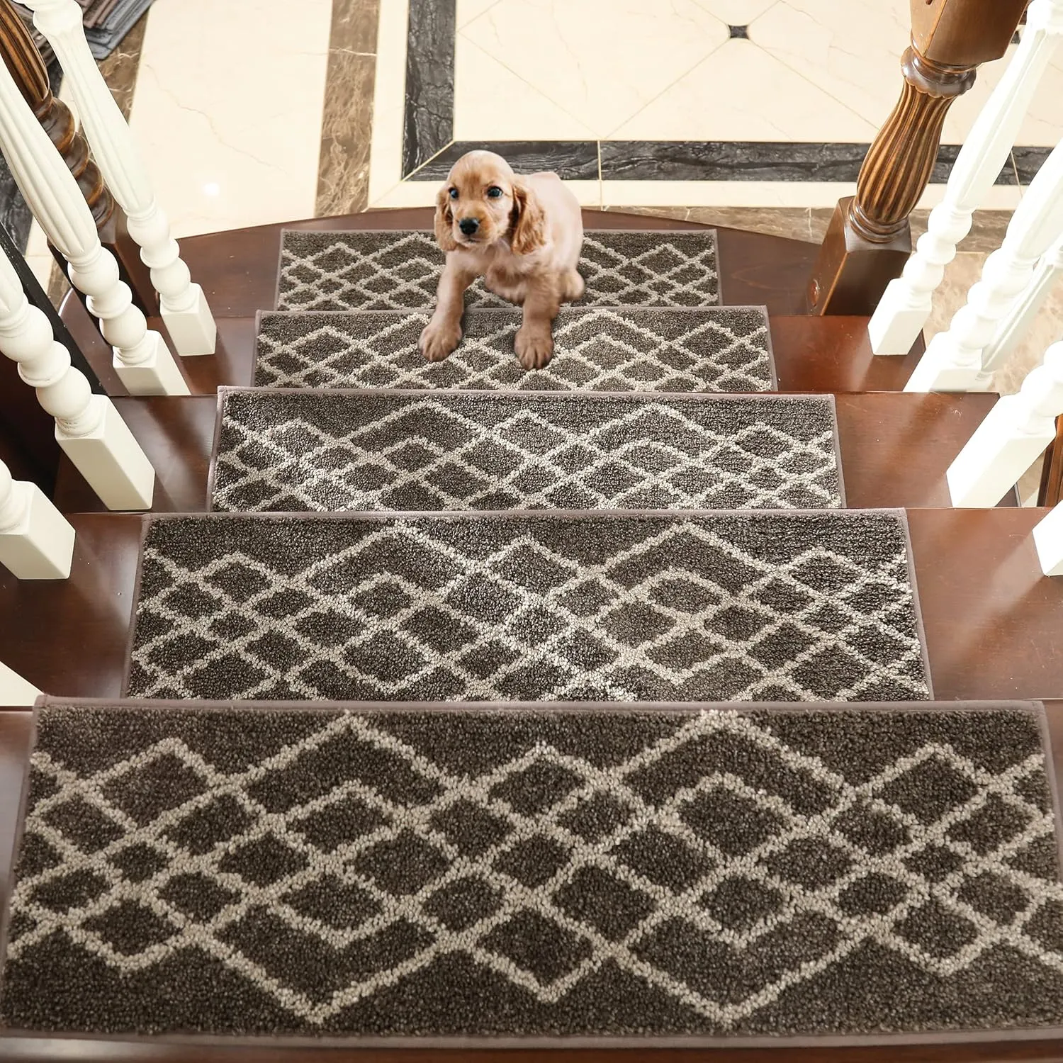 COSY HOMEER Soft Stair Treads Non-Slip Carpet Mat 28inX9in Indoor Stair Runners for Wooden Steps,Stair Rugs for Kids and Dogs, 100% Polyester TPE Backing 4pcs,Brown,Rhombus