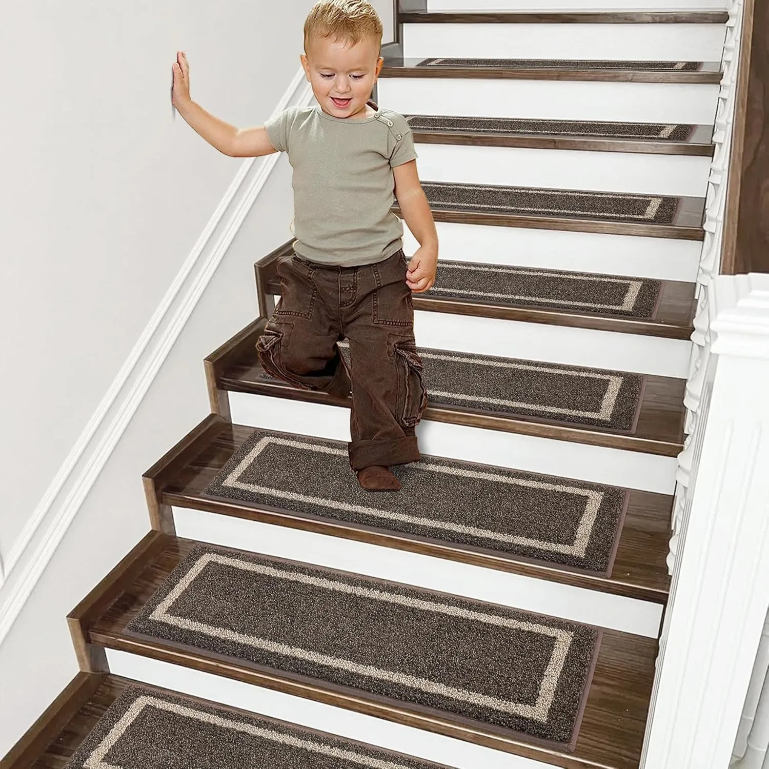 COSY HOMEER Soft Stair Treads Non-Slip Carpet Mat 28inX9in Indoor Stair Runners for Wooden Steps,Stair Rugs for Kids and Dogs, 100% Polyester TPE Backing 7pcs,Brown,Square