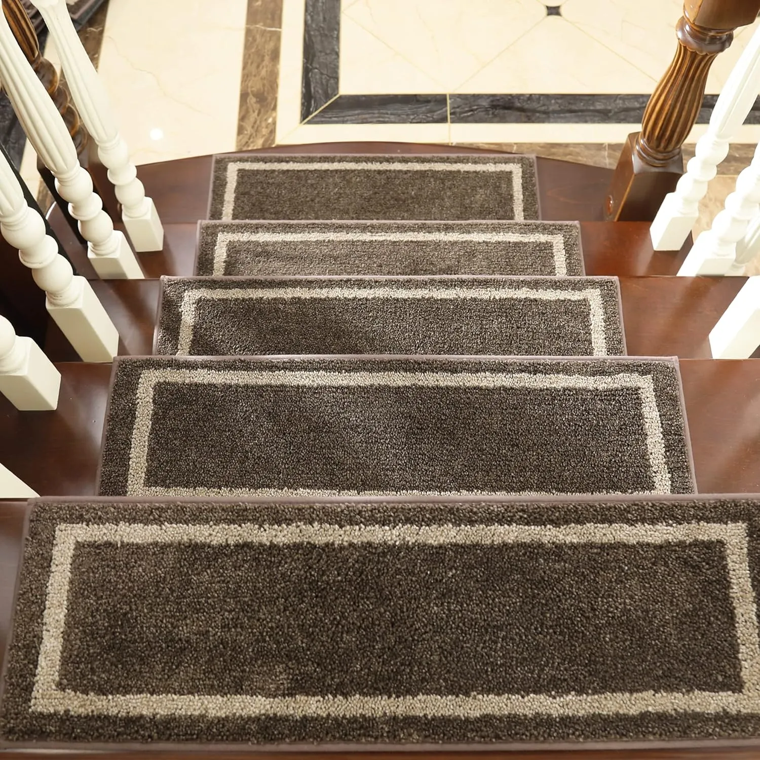 COSY HOMEER Soft Stair Treads Non-Slip Carpet Mat 28inX9in Indoor Stair Runners for Wooden Steps,Stair Rugs for Kids and Dogs, 100% Polyester TPE Backing 7pcs,Brown,Square