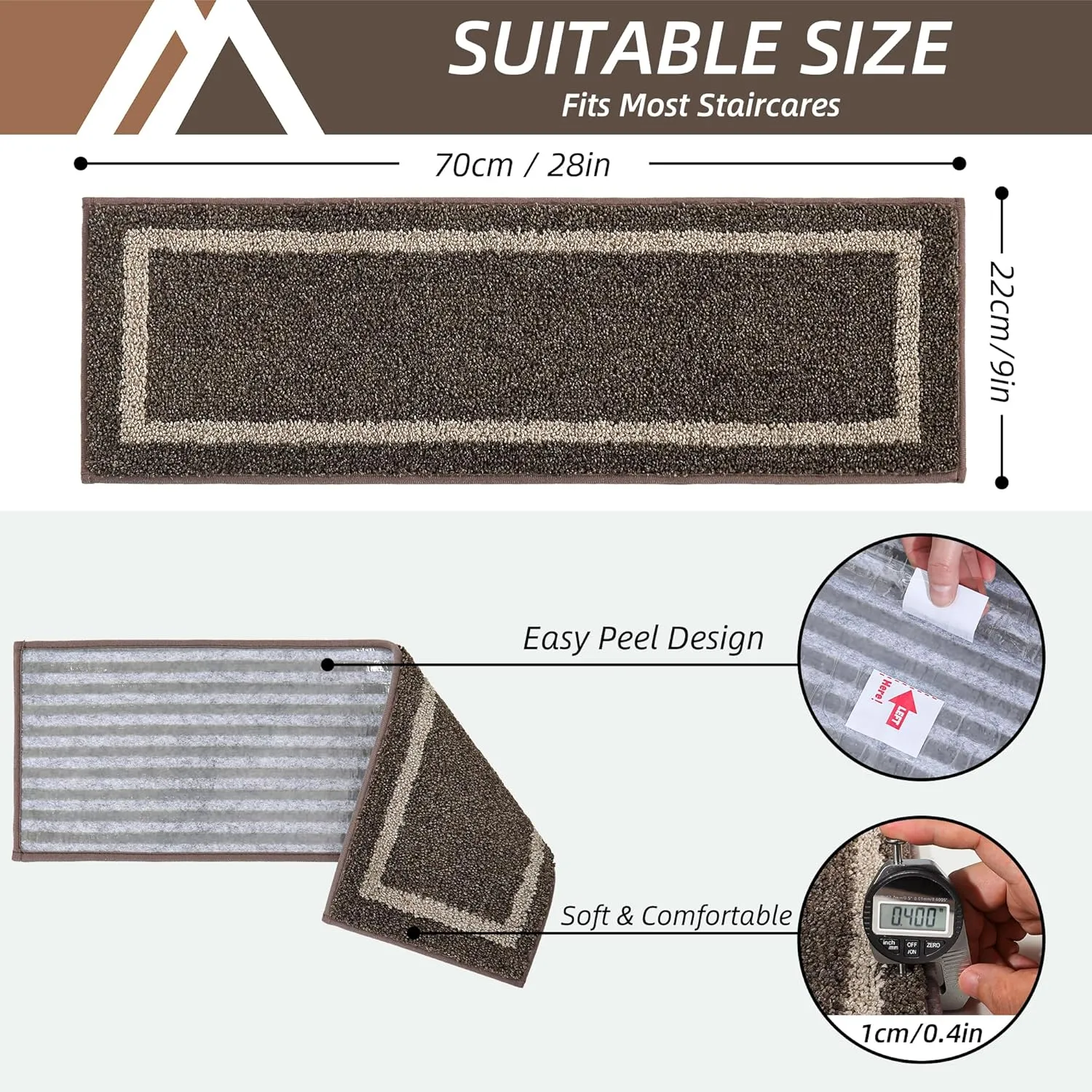 COSY HOMEER Soft Stair Treads Non-Slip Carpet Mat 28inX9in Indoor Stair Runners for Wooden Steps,Stair Rugs for Kids and Dogs, 100% Polyester TPE Backing 7pcs,Brown,Square