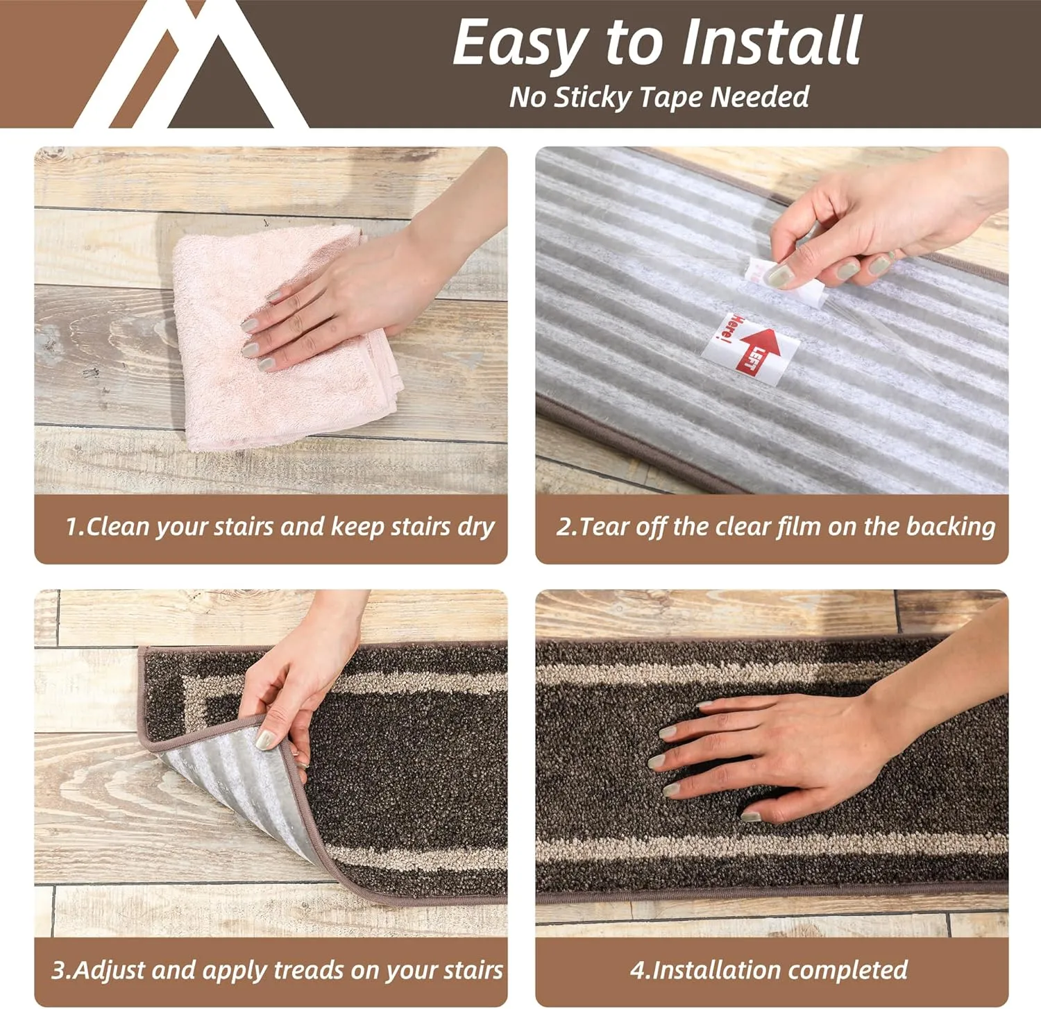 COSY HOMEER Soft Stair Treads Non-Slip Carpet Mat 28inX9in Indoor Stair Runners for Wooden Steps,Stair Rugs for Kids and Dogs, 100% Polyester TPE Backing 7pcs,Brown,Square