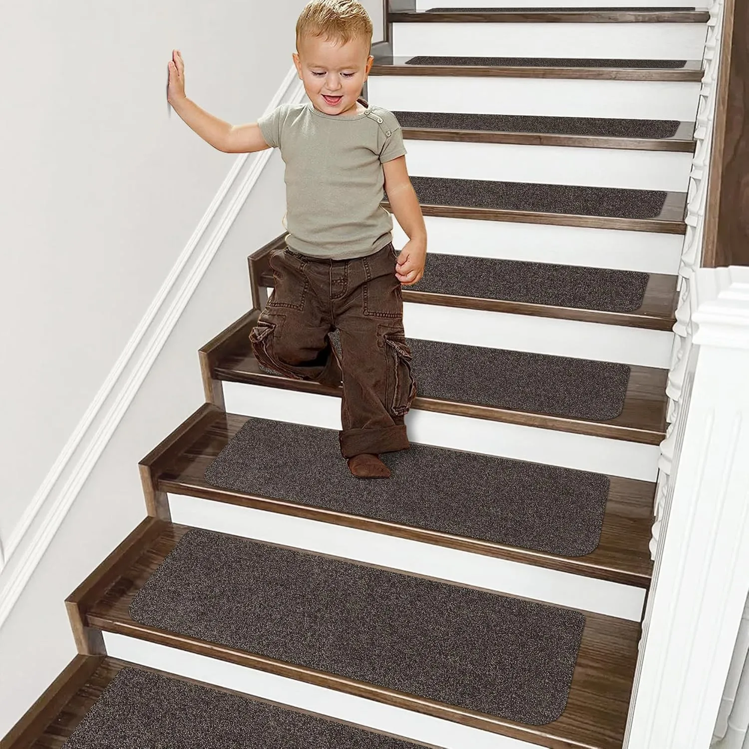 COSY HOMEER Stair Treads Non-Slip Carpet Mat 28inX9in Indoor Stair Runners for Wooden Steps, Stair Rugs for Kids and Dogs, 100% Polyester TPE Backing 10pcs,Brown,Protect Floor