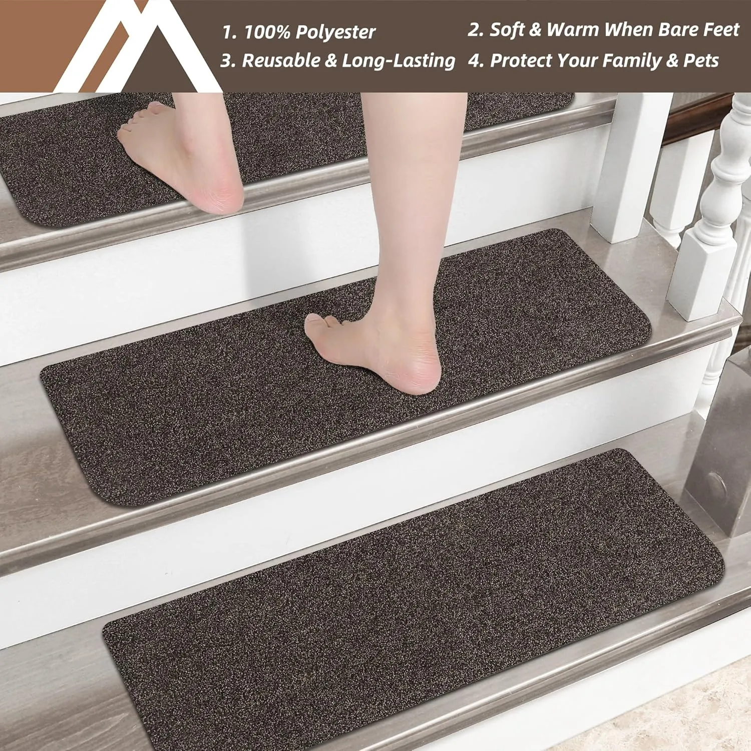 COSY HOMEER Stair Treads Non-Slip Carpet Mat 28inX9in Indoor Stair Runners for Wooden Steps, Stair Rugs for Kids and Dogs, 100% Polyester TPE Backing 7pcs,Brown,Protect Floor