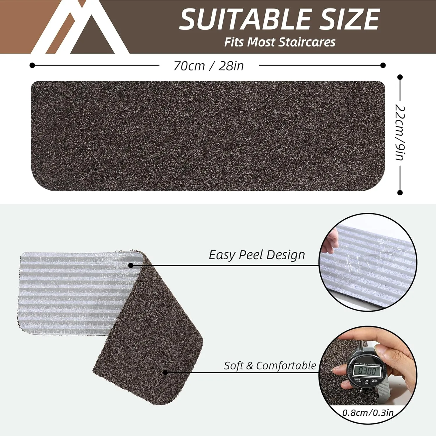COSY HOMEER Stair Treads Non-Slip Carpet Mat 28inX9in Indoor Stair Runners for Wooden Steps, Stair Rugs for Kids and Dogs, 100% Polyester TPE Backing 7pcs,Brown,Protect Floor