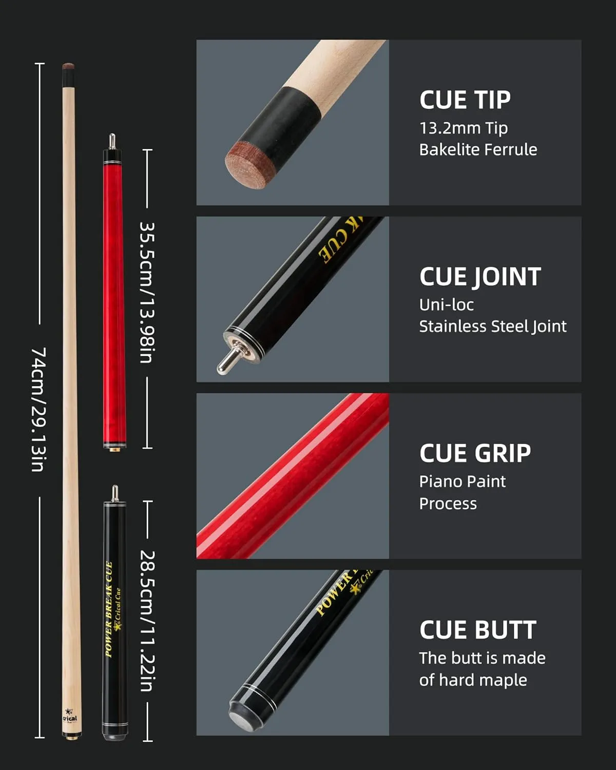 CRICAL Heavy Hitter Jump Break Cue 3-Pieces Carbon Fiber Break Jump Cue with 13.2mm Tip Punch Cue Professional Jump Cue Billiard Pool Stick