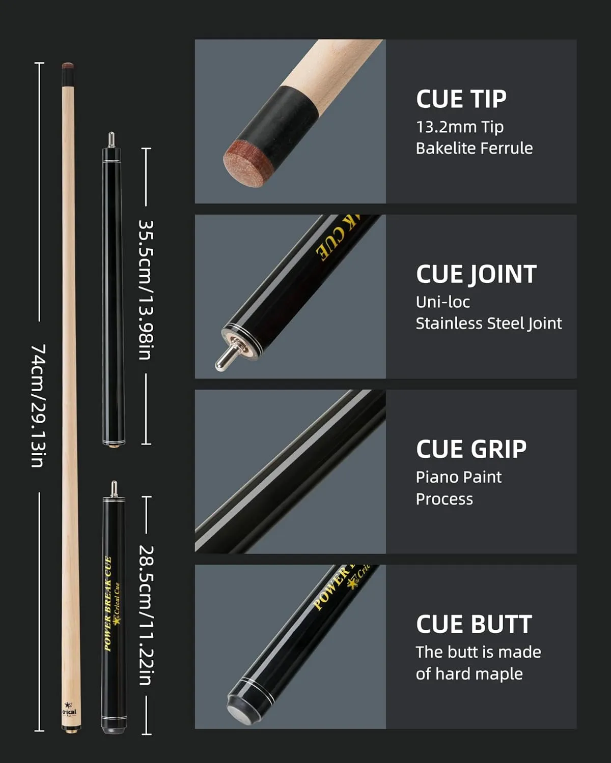CRICAL Heavy Hitter Jump Break Cue 3-Pieces Carbon Fiber Break Jump Cue with 13.2mm Tip Punch Cue Professional Jump Cue Billiard Pool Stick