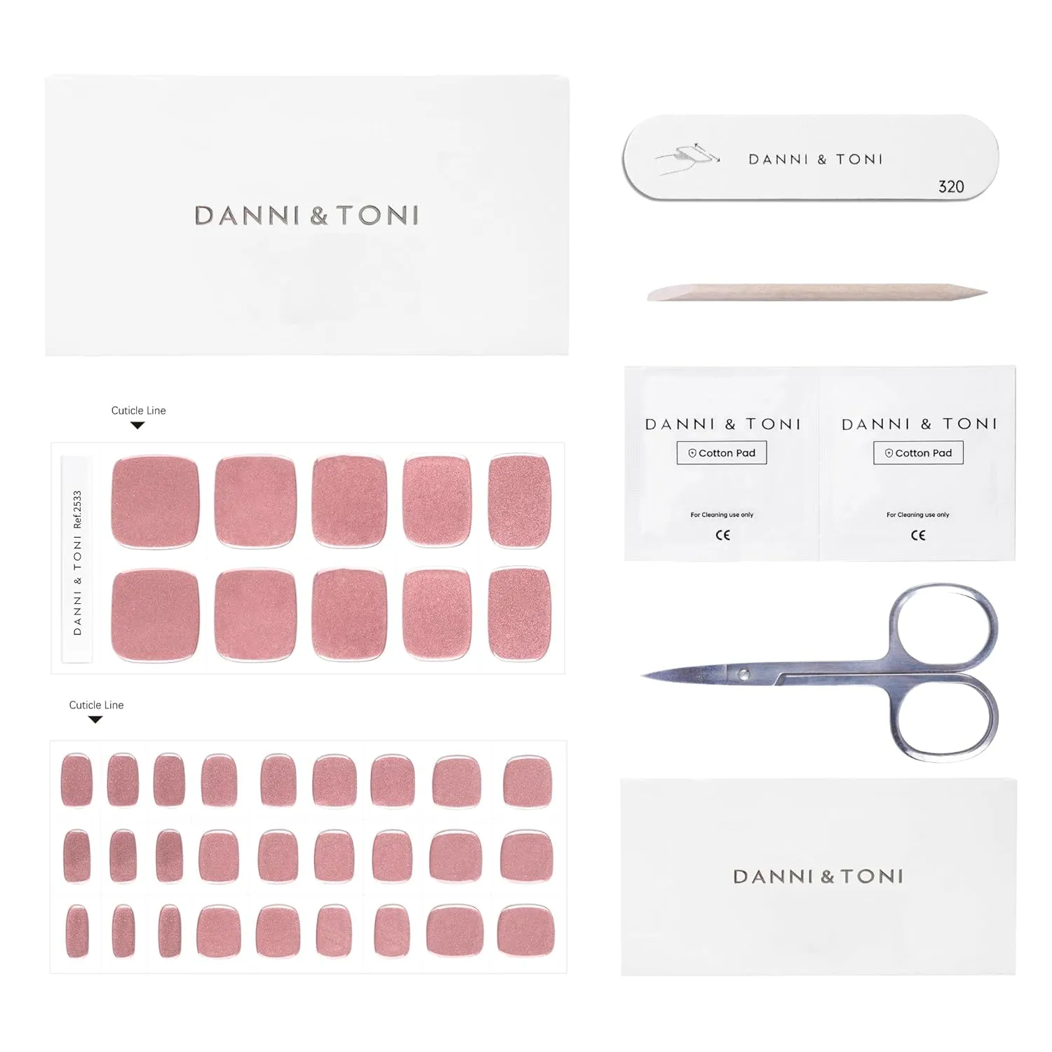 DANNI & TONI Semi Cured Gel Toenail Strips Rose Gold (Champagne Shine) Mirror Toenail Stickers Metalic Gel Pedi Wraps 37 Stickers