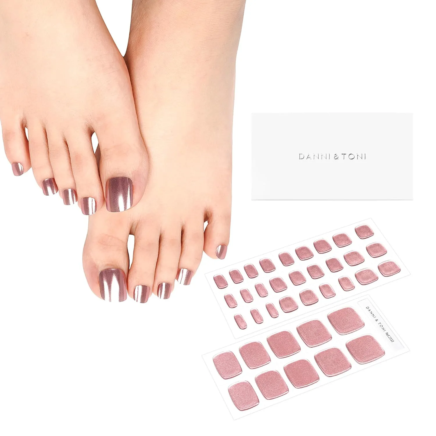 DANNI & TONI Semi Cured Gel Toenail Strips Rose Gold (Champagne Shine) Mirror Toenail Stickers Metalic Gel Pedi Wraps 37 Stickers
