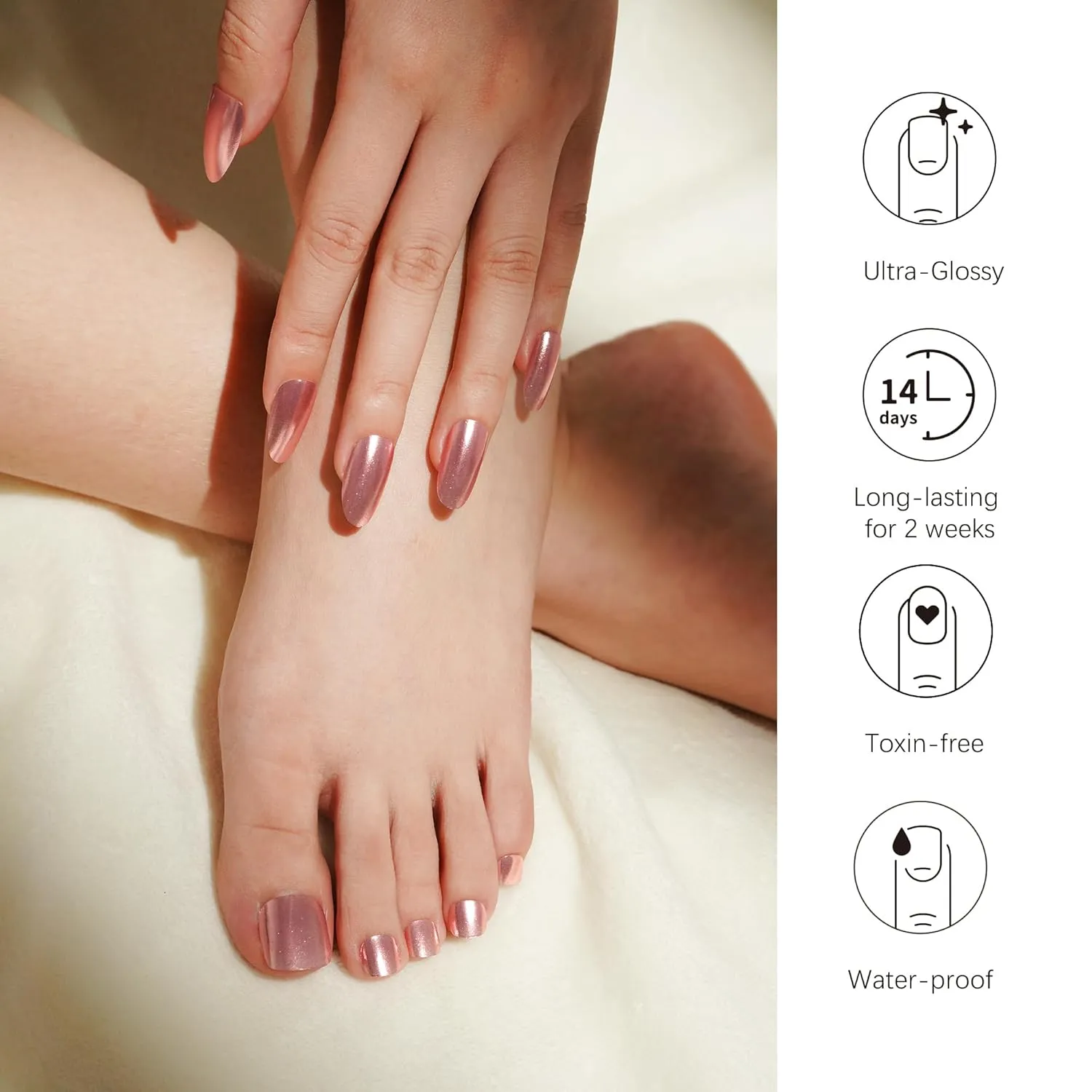 DANNI & TONI Semi Cured Gel Toenail Strips Rose Gold (Champagne Shine) Mirror Toenail Stickers Metalic Gel Pedi Wraps 37 Stickers