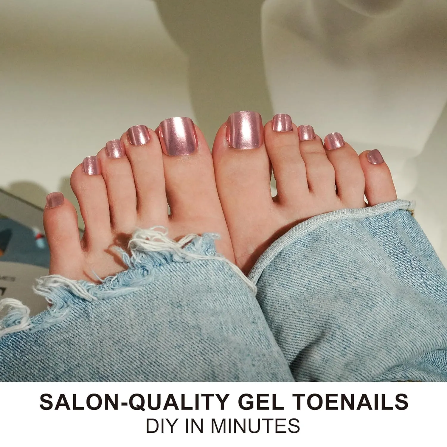 DANNI & TONI Semi Cured Gel Toenail Strips Rose Gold (Champagne Shine) Mirror Toenail Stickers Metalic Gel Pedi Wraps 37 Stickers
