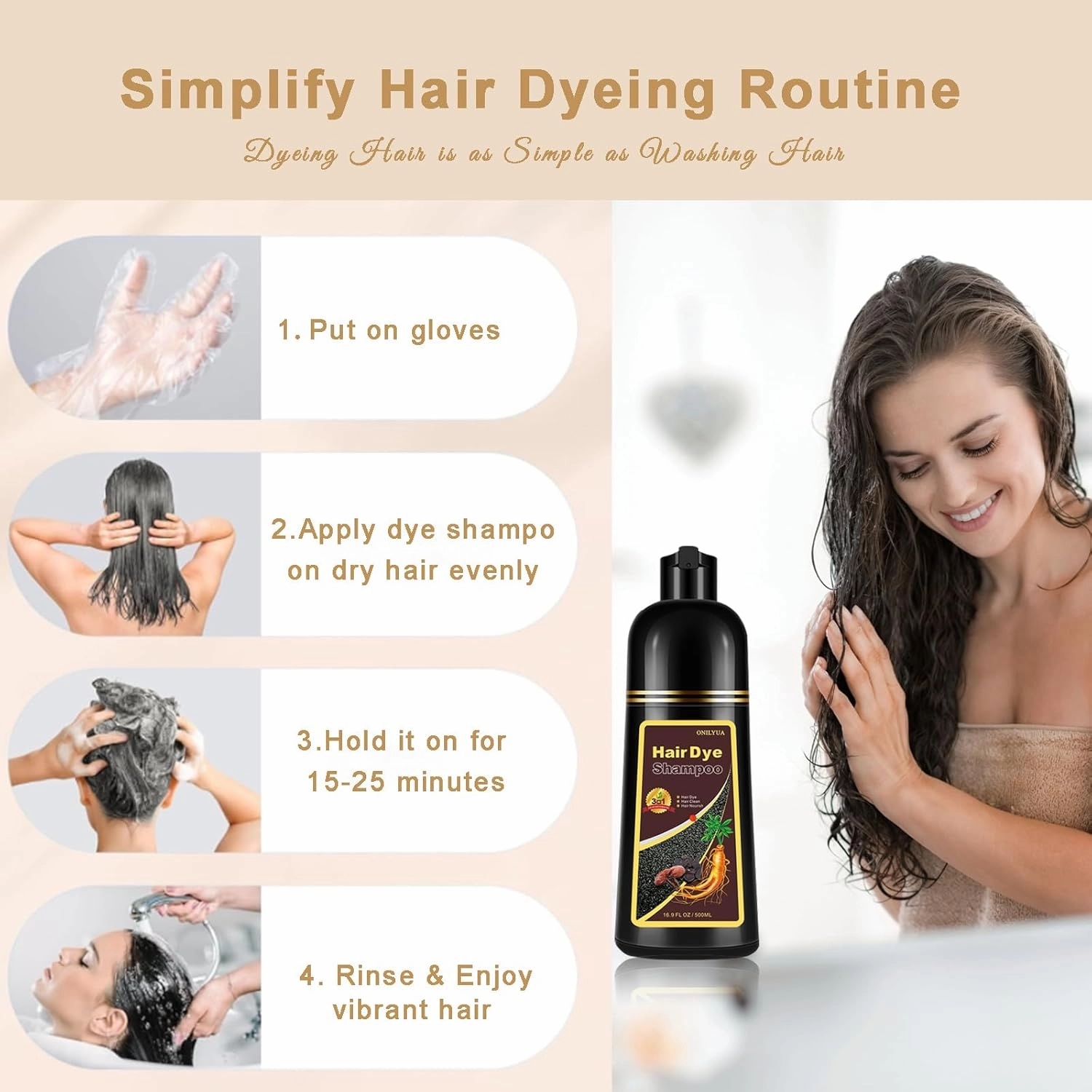 Dark Brown Hair Dye Shampoo 3 in 1, Hair Color Shampoo for Gray Coverage, Long Lasting Brown Hair Dye, Champu Para Canas, Works in Minutes, Easy to Use, 16.90 Fl Oz