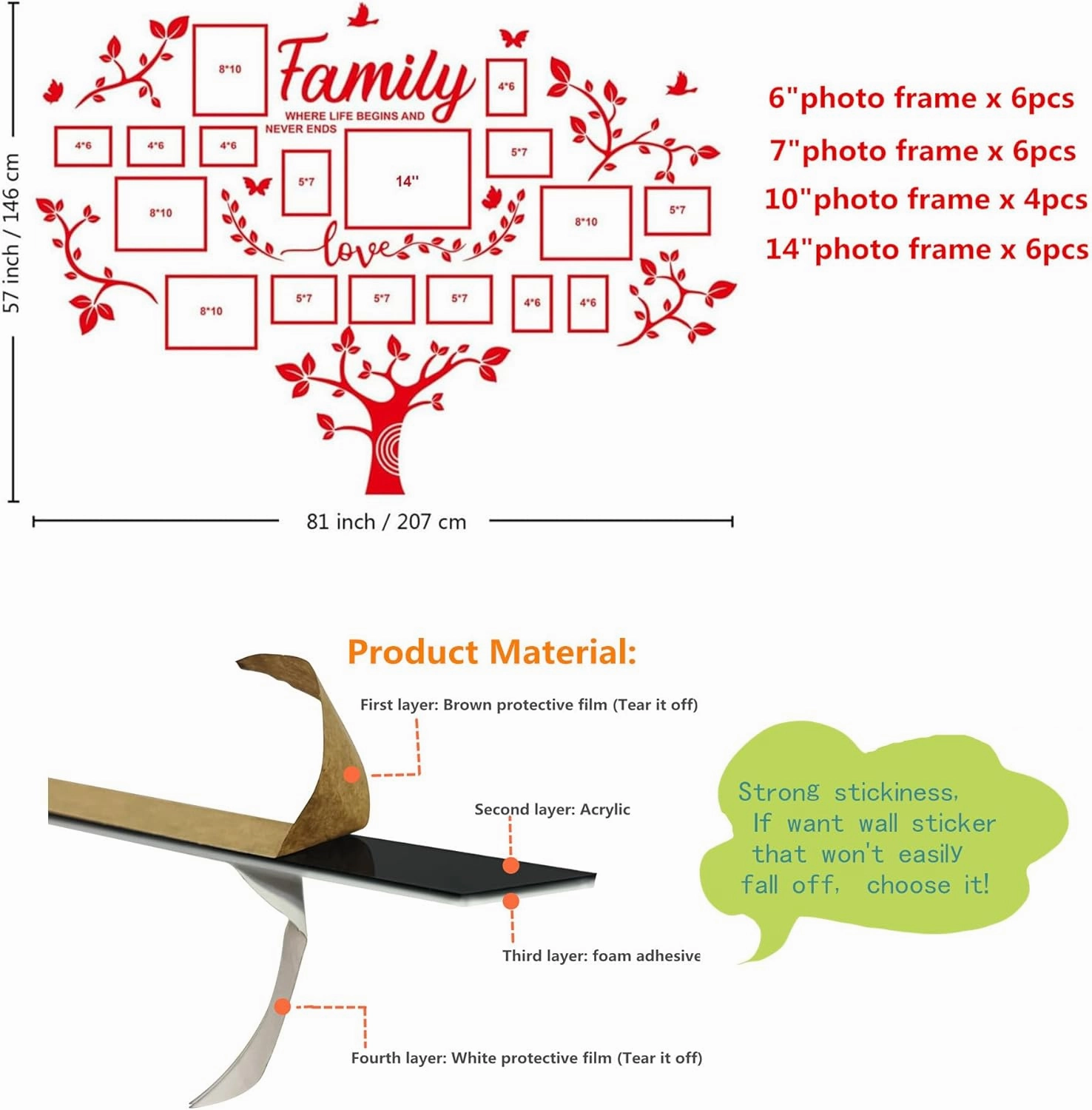 DIY Wall Decor Living Room Family Tree Wall Decor Sticker 3D Picture Frames Collage Wall Decor Living Room Wall Decor, Black 1