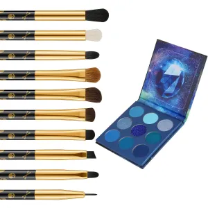 docolor 10Pcs Eye Makeup Brushes Skull Printed Eyeshadow Makeup Brush Set and Blue Eyeshadow Palette 9 Colors Gemstone Shadow Palette Highly Pigmented Mattes Shimmers Long-Lasting Makeup Palette
