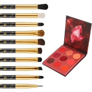 Docolor 10Pcs Eye Makeup Brushes Skull Printed Eyeshadow Makeup Brush Set and Red Eyeshadow Palette 9 Colors Gemstone Shadow Palette Highly Pigmented Mattes Shimmers