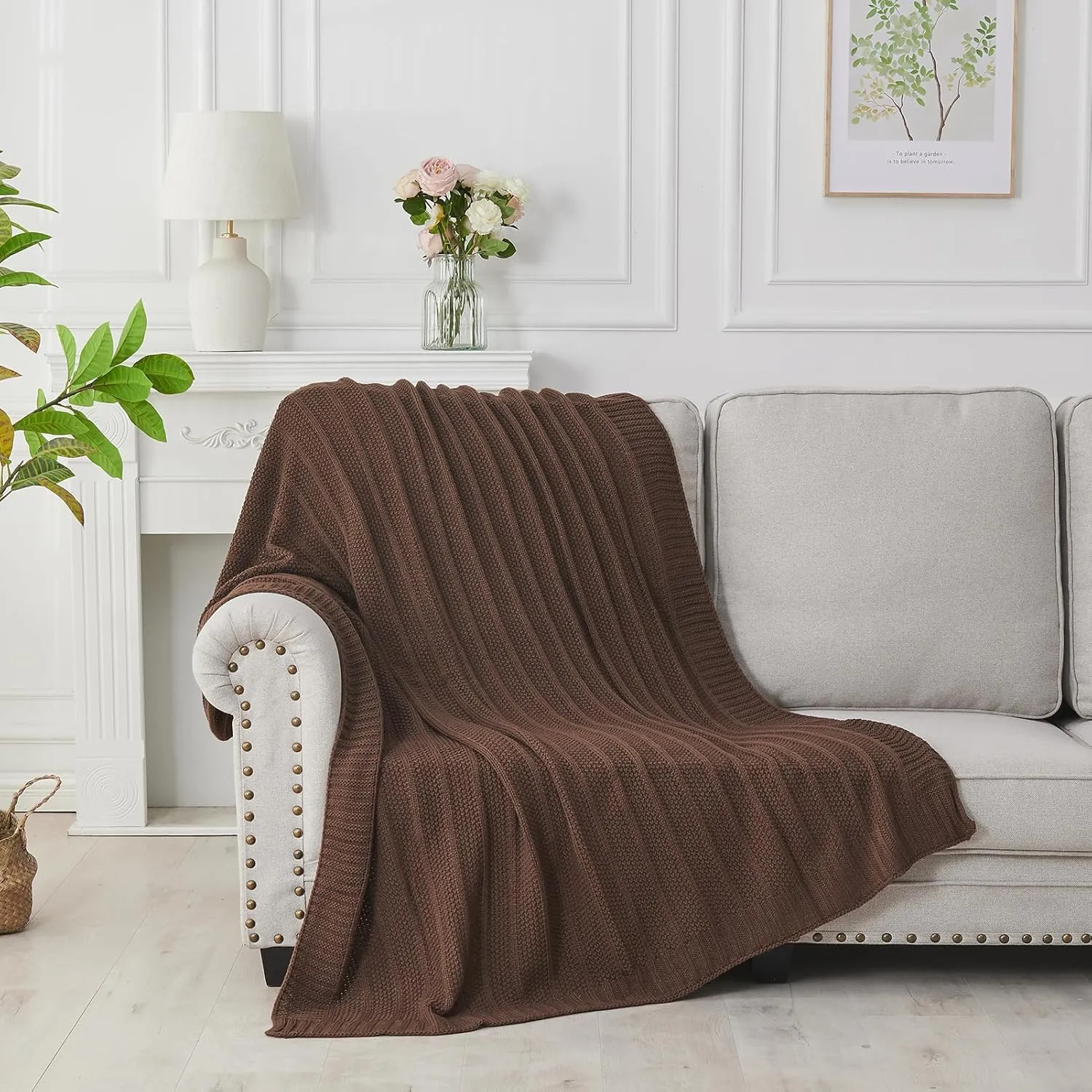 Douceur Brown Throw Blanket for Couch, Soft Cozy Lightweight Stripe Pattern Knitted Throw Blanket for Sofa, Living Room Gift, 50"X60"