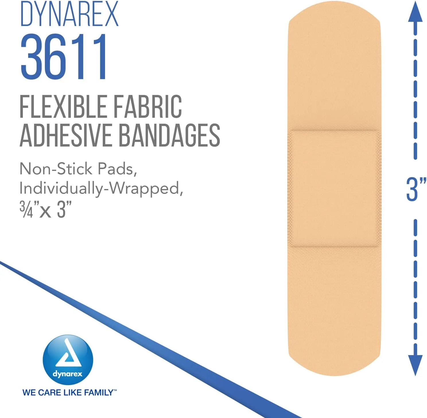 Dynarex Fabric Adhesive Bandages - Sterile & Flexible Fabric Bandages for Wounds - Non-Stick Pads - Individually-Wrapped First Aid Supplies - No Latex - 3/4x3, 100-Pack Box, 24 Boxes per Bulk Case
