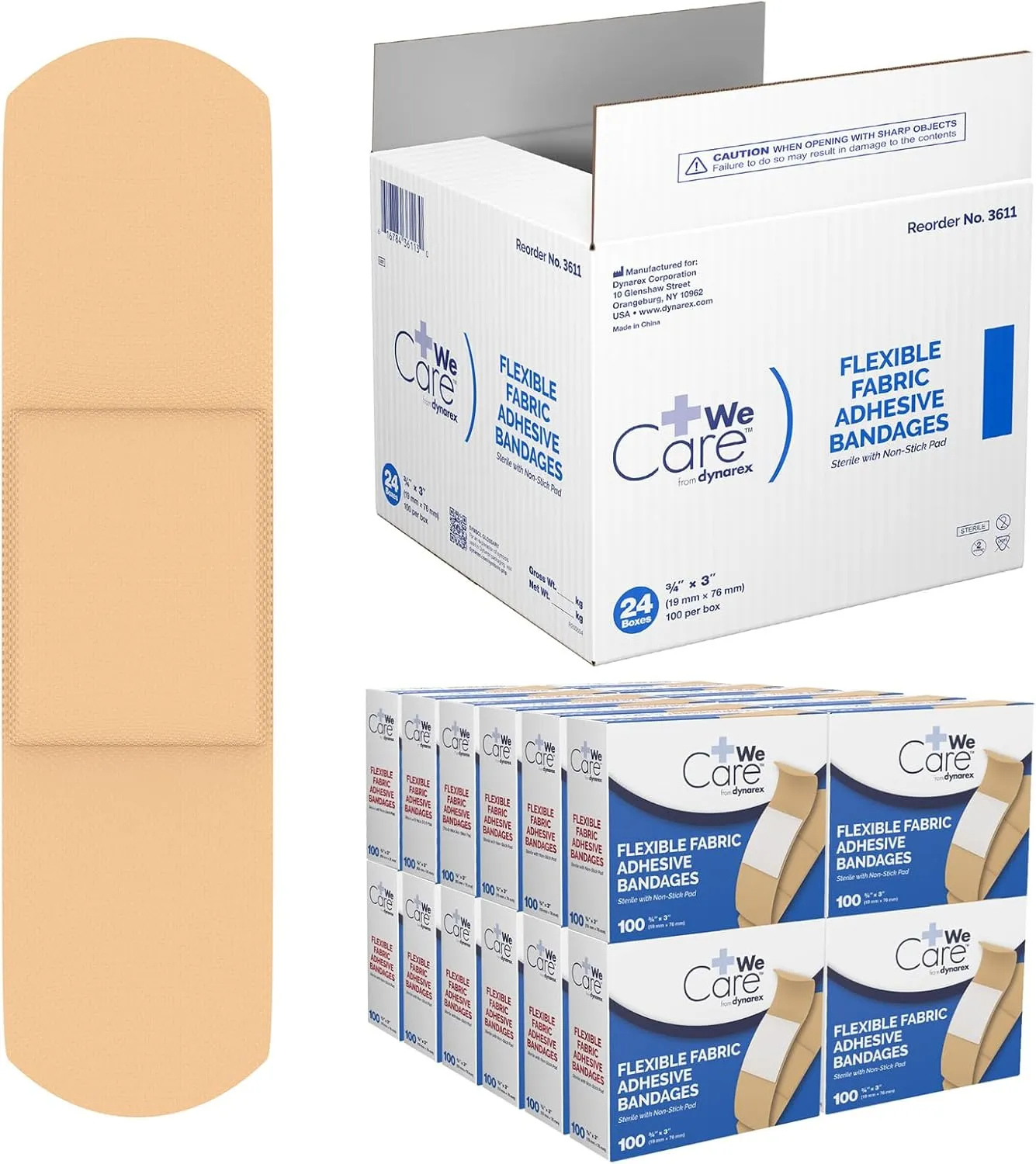 Dynarex Fabric Adhesive Bandages - Sterile & Flexible Fabric Bandages for Wounds - Non-Stick Pads - Individually-Wrapped First Aid Supplies - No Latex - 3/4x3, 100-Pack Box, 24 Boxes per Bulk Case