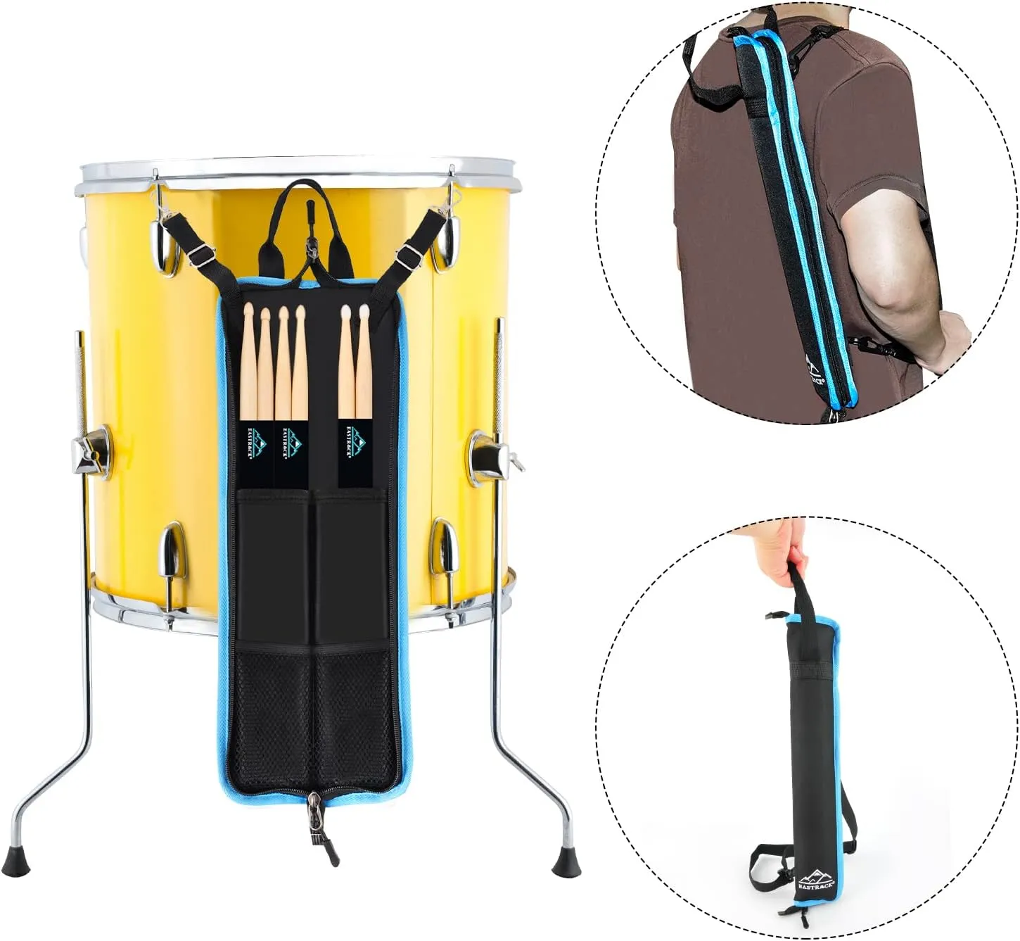 EASTROCK Drum Sticks Bag with 3 Pair Drumsticks, Drumstick Bag Drum Sticks Holder with Floor Tom Hook, Carrying Strap (Black)