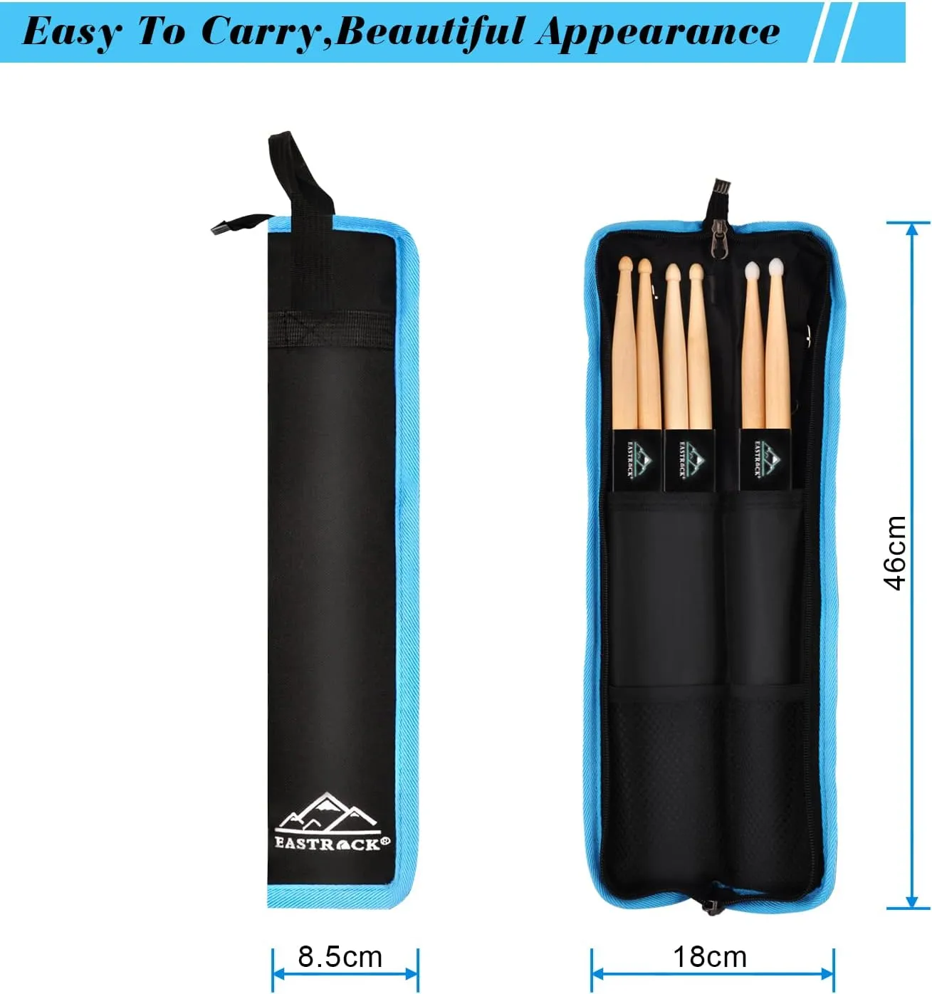EASTROCK Drum Sticks Bag with 3 Pair Drumsticks, Drumstick Bag Drum Sticks Holder with Floor Tom Hook, Carrying Strap (Black)