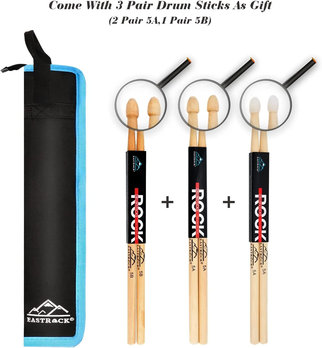 EASTROCK Drum Sticks Bag with 3 Pair Drumsticks, Drumstick Bag Drum Sticks Holder with Floor Tom Hook, Carrying Strap (Black)