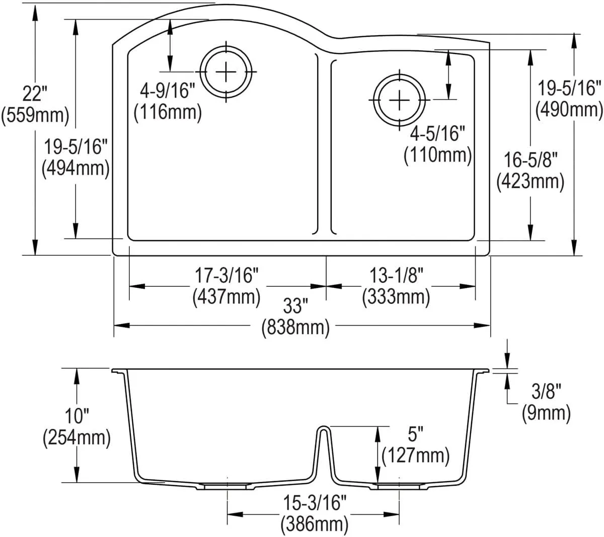 Elkay ELGHU3322RGT0C Quartz Classic 33" x 22" x 10", Offset 60/40 Double Bowl Undermount Sink Kit with Aqua Divide, Graphite