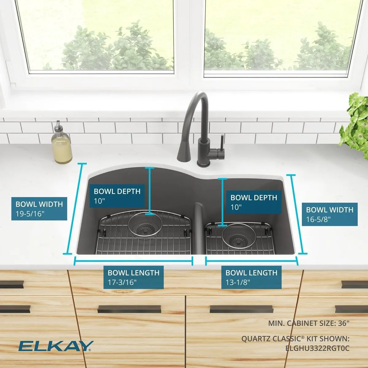 Elkay ELGHU3322RGT0C Quartz Classic 33" x 22" x 10", Offset 60/40 Double Bowl Undermount Sink Kit with Aqua Divide, Graphite