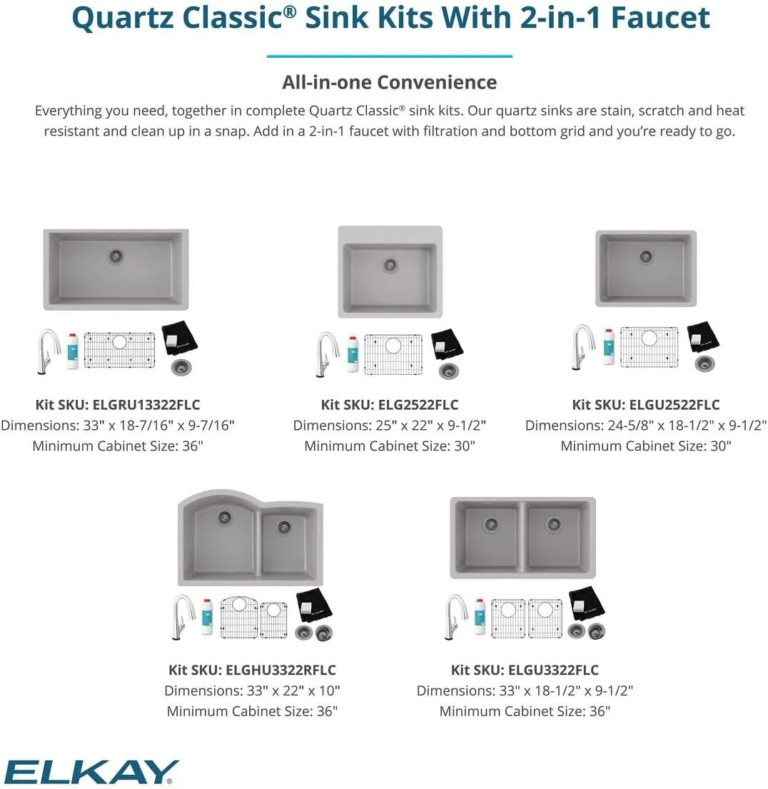 Elkay ELGHU3322RGT0C Quartz Classic 33" x 22" x 10", Offset 60/40 Double Bowl Undermount Sink Kit with Aqua Divide, Graphite