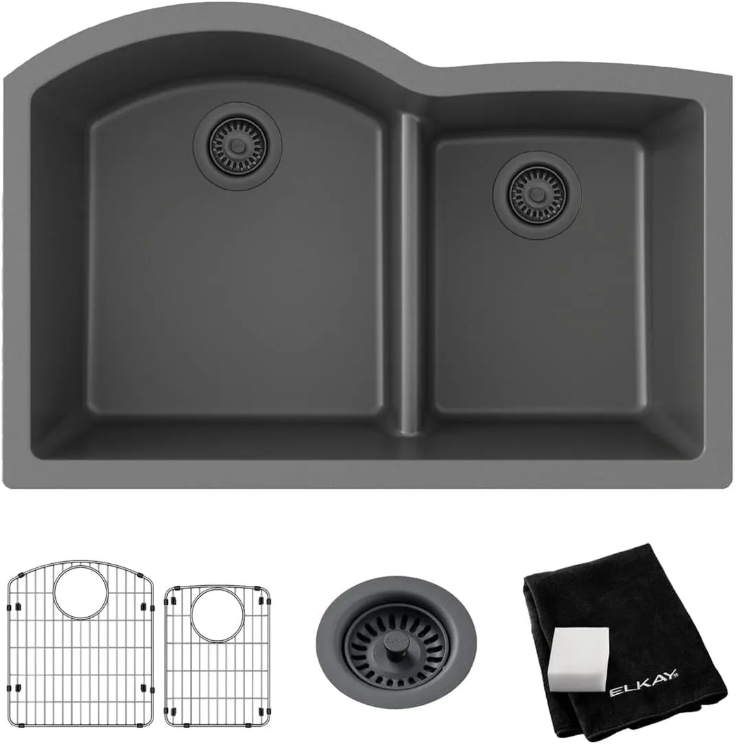 Elkay ELGHU3322RGT0C Quartz Classic 33" x 22" x 10", Offset 60/40 Double Bowl Undermount Sink Kit with Aqua Divide, Graphite