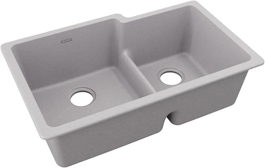 Elkay ELGULBO3322GS0 Quartz Classic 33" x 20-1/2" x 9-1/2" Offset 60/40 Double Bowl Undermount Sink with Aqua Divide Greystone
