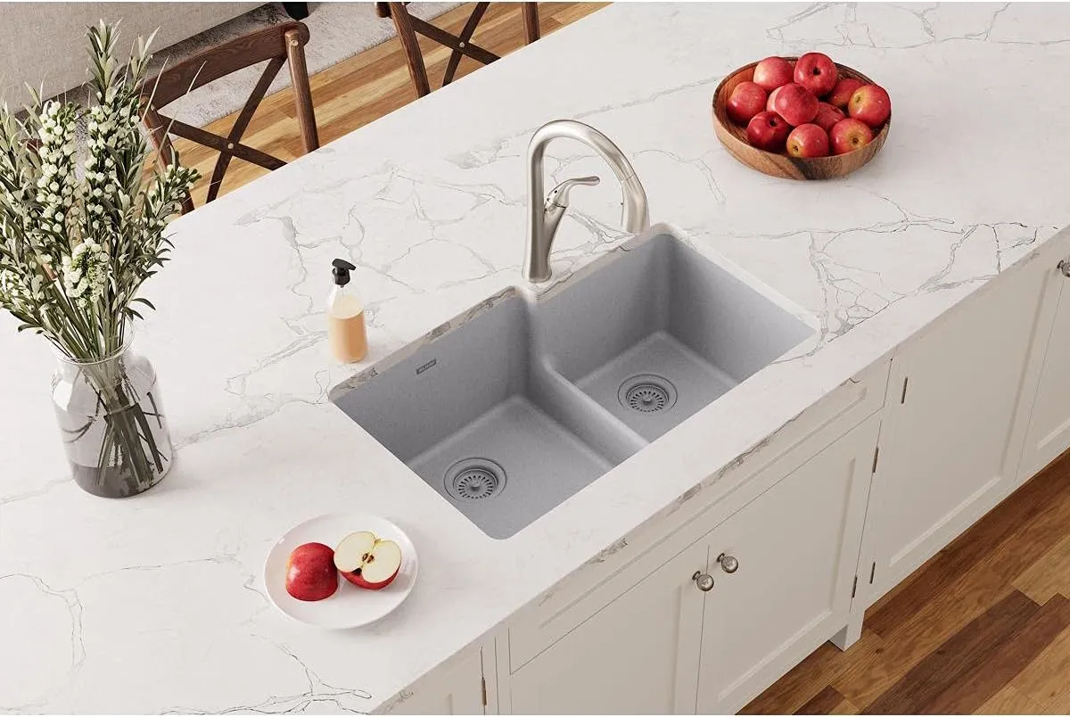 Elkay ELGULBO3322GS0 Quartz Classic 33" x 20-1/2" x 9-1/2" Offset 60/40 Double Bowl Undermount Sink with Aqua Divide Greystone