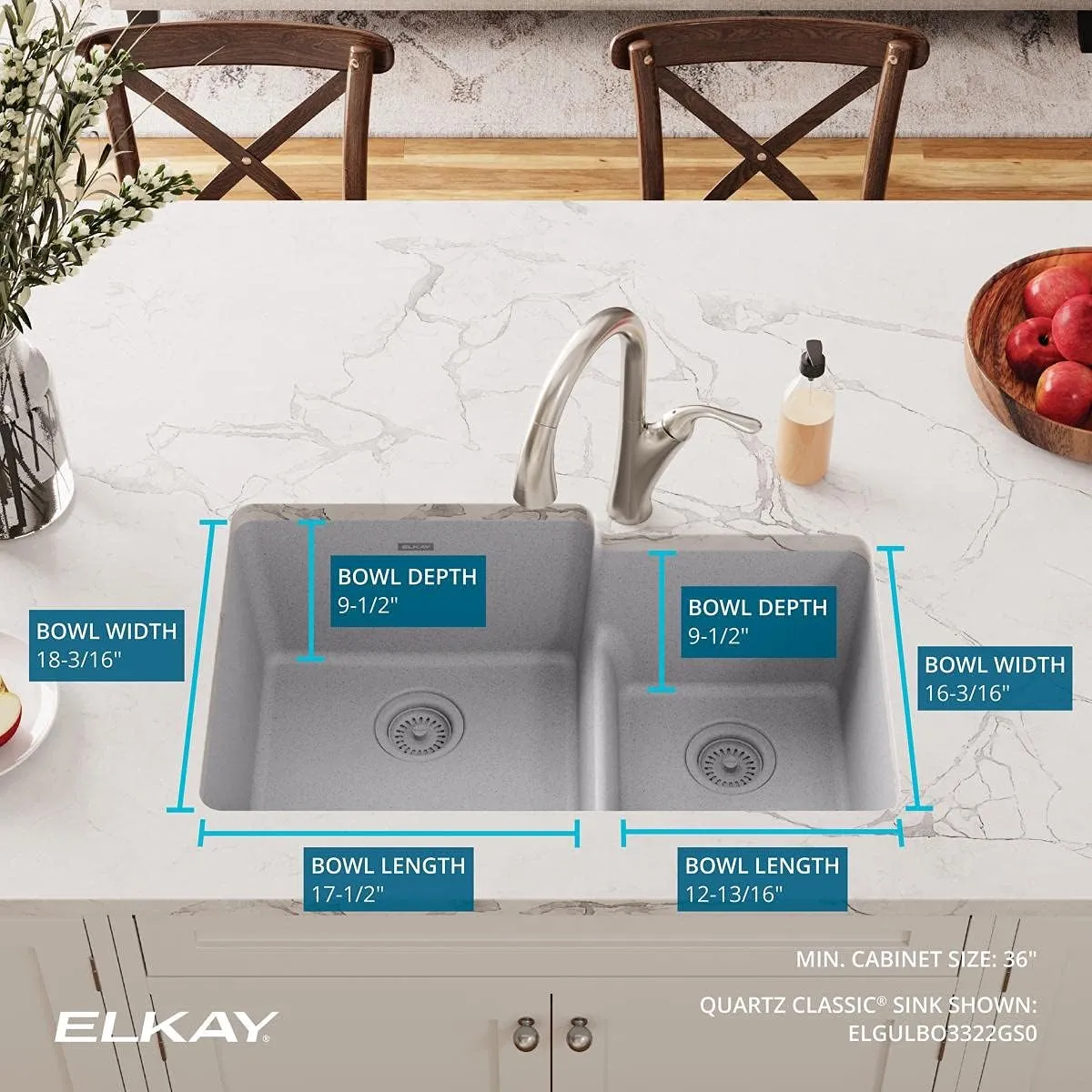 Elkay ELGULBO3322GS0 Quartz Classic 33" x 20-1/2" x 9-1/2" Offset 60/40 Double Bowl Undermount Sink with Aqua Divide Greystone