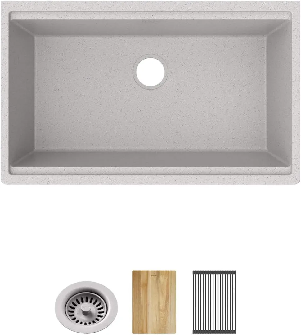 Elkay Quartz Classic 33" x 22" x 9-1/2" Single Bowl Undermount Workstation Sink 4pc Kit Greystone