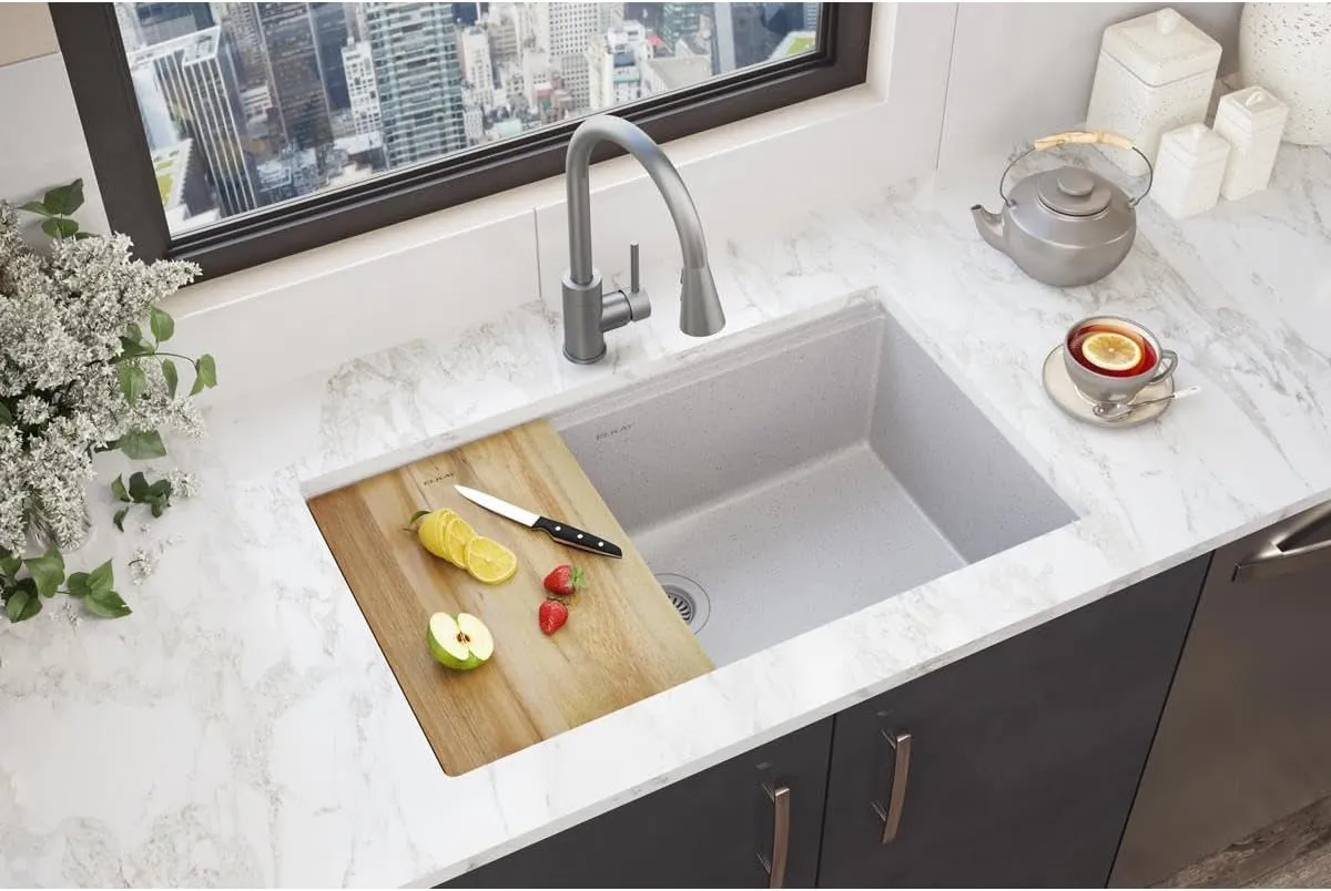 Elkay Quartz Classic 33" x 22" x 9-1/2" Single Bowl Undermount Workstation Sink 4pc Kit Greystone