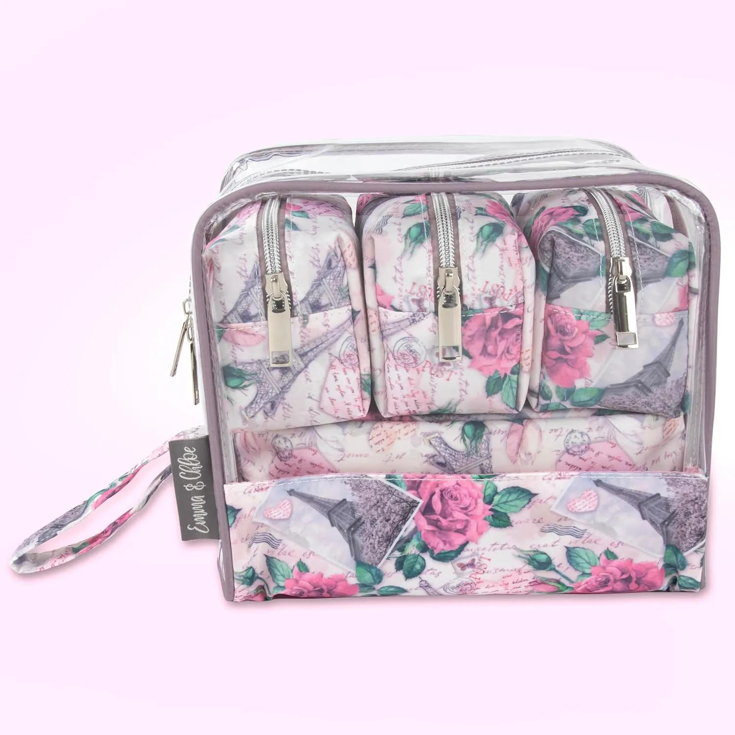 Emma & Chloe Travel Toiletry Bags for Women, 5 Piece Waterproof Cosmetic Case, Bag, Pouch Makeup Organizer Set for Women, Home Counters (Paris Rose Postcards)