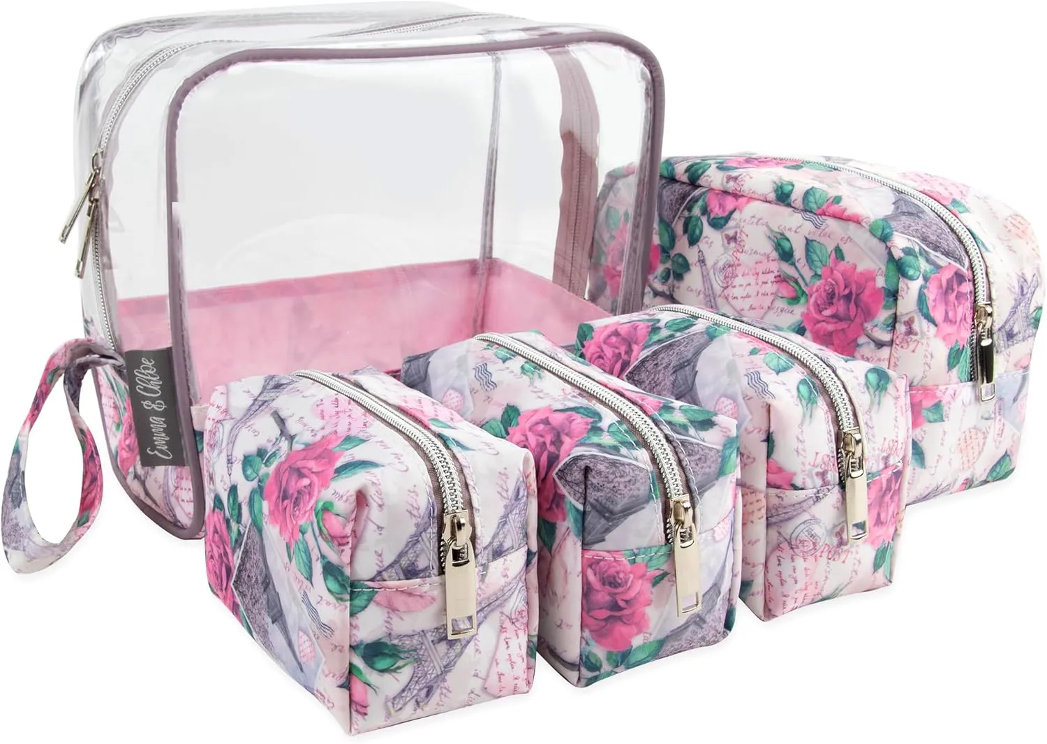 Emma & Chloe Travel Toiletry Bags for Women, 5 Piece Waterproof Cosmetic Case, Bag, Pouch Makeup Organizer Set for Women, Home Counters (Paris Rose Postcards)