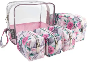Emma & Chloe Travel Toiletry Bags for Women, 5 Piece Waterproof Cosmetic Case, Bag, Pouch Makeup Organizer Set for Women, Home Counters (Paris Rose Postcards)