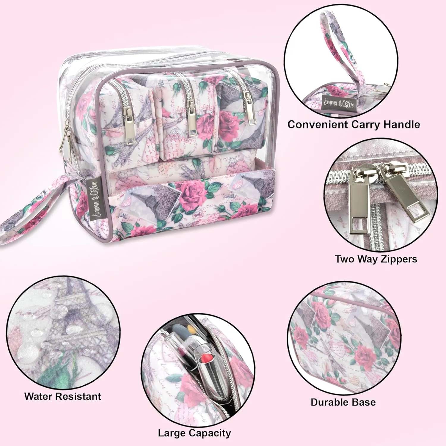 Emma & Chloe Travel Toiletry Bags for Women, 5 Piece Waterproof Cosmetic Case, Bag, Pouch Makeup Organizer Set for Women, Home Counters (Paris Rose Postcards)
