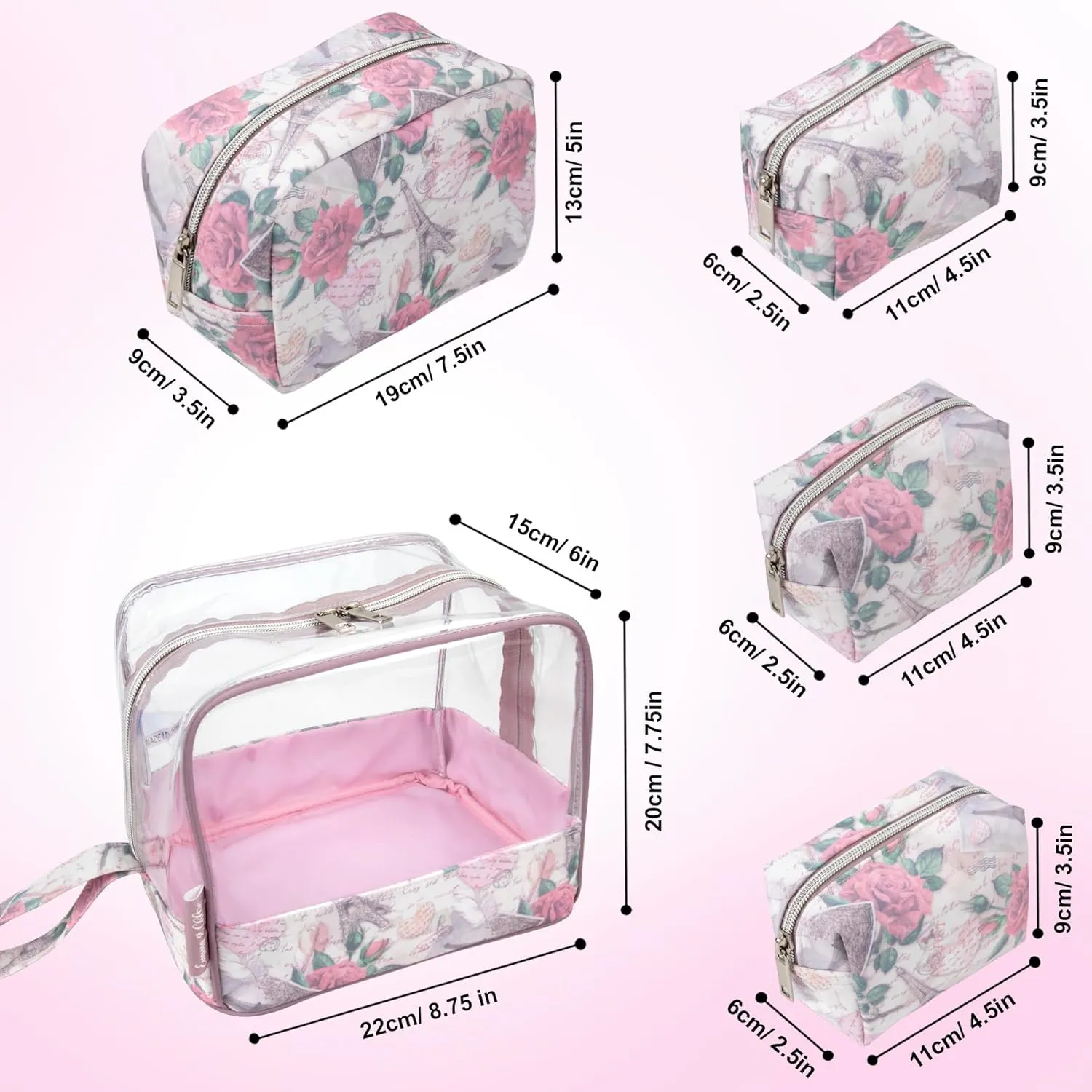 Emma & Chloe Travel Toiletry Bags for Women, 5 Piece Waterproof Cosmetic Case, Bag, Pouch Makeup Organizer Set for Women, Home Counters (Paris Rose Postcards)