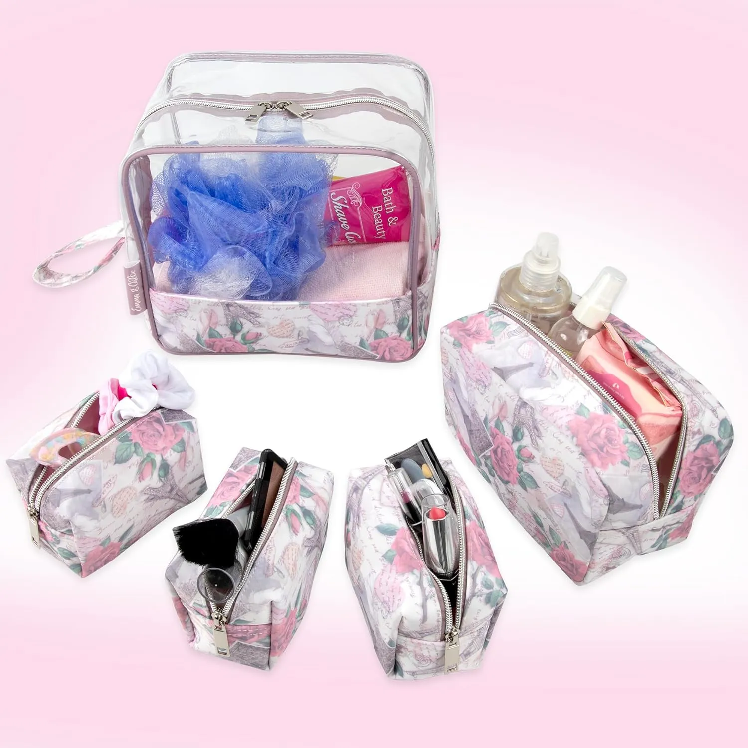 Emma & Chloe Travel Toiletry Bags for Women, 5 Piece Waterproof Cosmetic Case, Bag, Pouch Makeup Organizer Set for Women, Home Counters (Paris Rose Postcards)