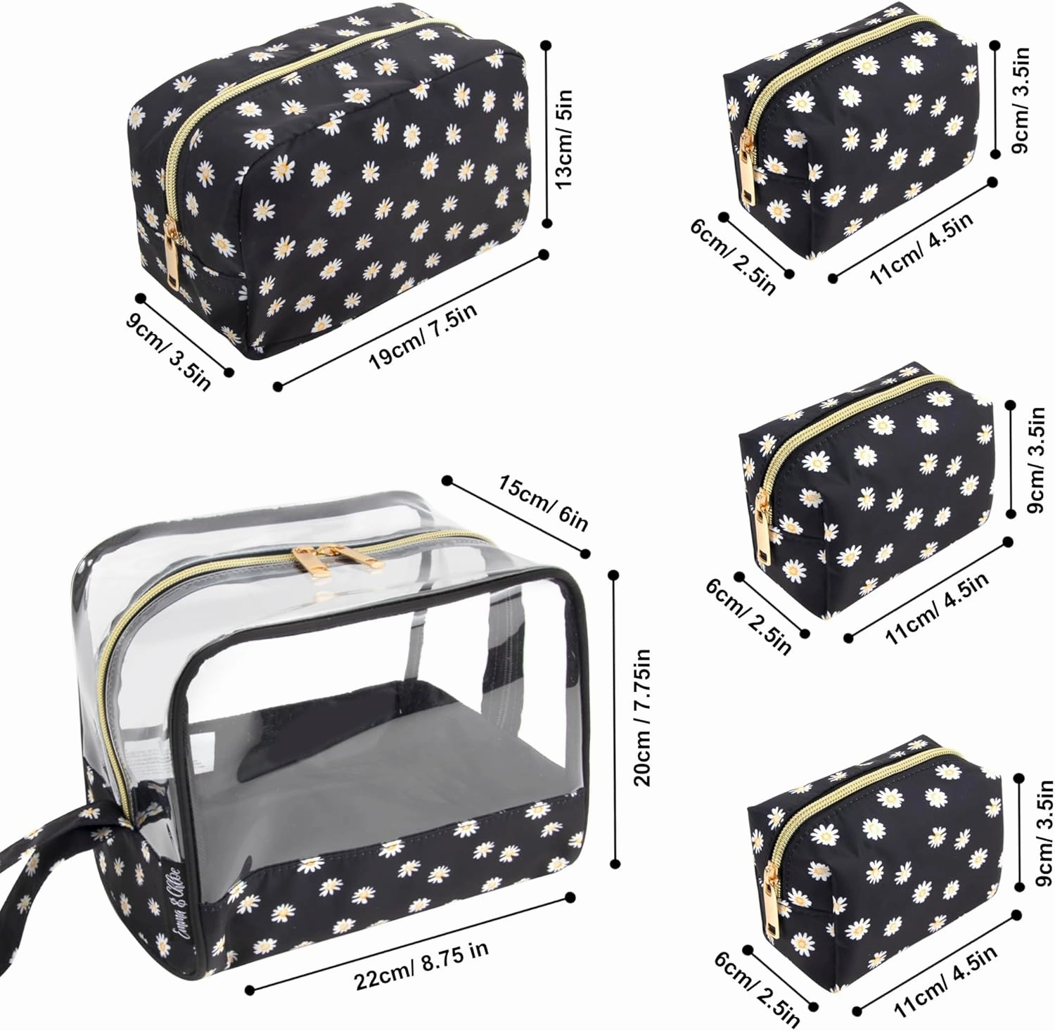 Emma & Chloe Travel Toiletry Bags for Women, 5 Piece Waterproof Cosmetic Case, Bag, Pouch Makeup Organizer Set for Women, Home Counters (Delicate White Daisies)
