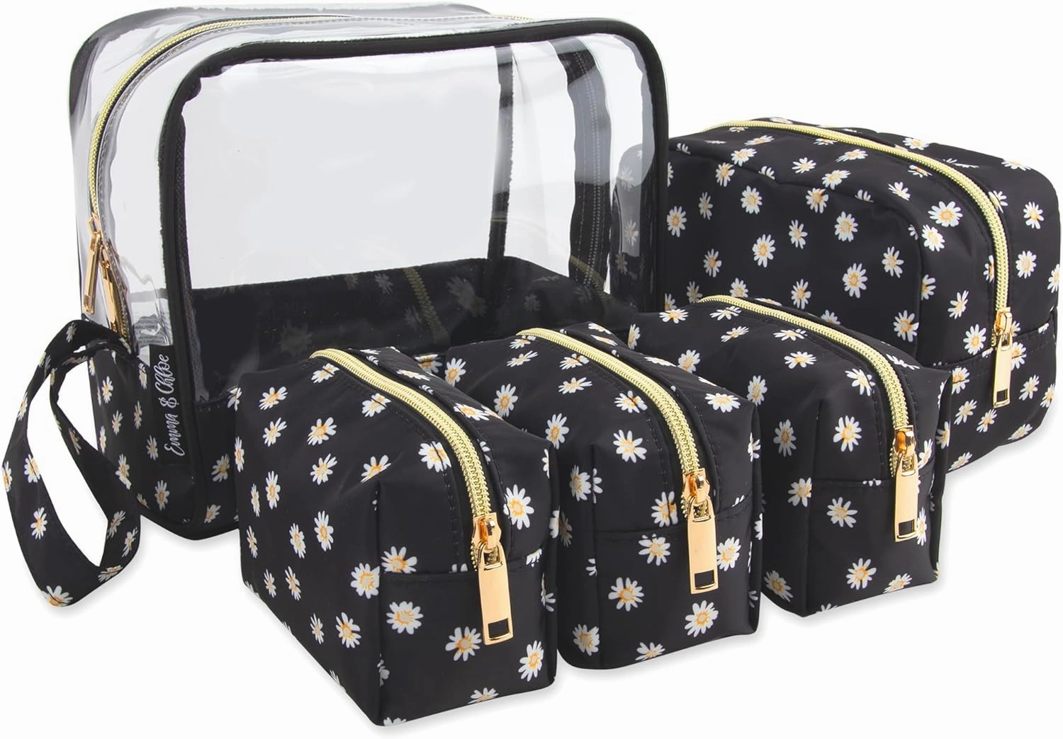 Emma & Chloe Travel Toiletry Bags for Women, 5 Piece Waterproof Cosmetic Case, Bag, Pouch Makeup Organizer Set for Women, Home Counters (Delicate White Daisies)