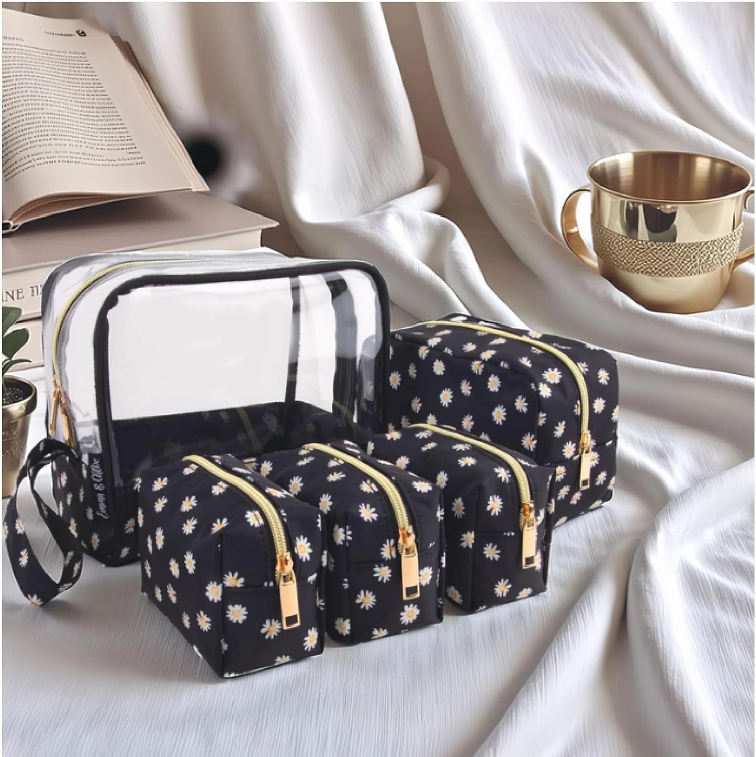 Emma & Chloe Travel Toiletry Bags for Women, 5 Piece Waterproof Cosmetic Case, Bag, Pouch Makeup Organizer Set for Women, Home Counters (Delicate White Daisies)
