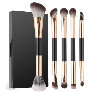 ENERGY Travel Makeup Brush Set Double Sided - Angled Foundation Bronzer Blush Eyeshadow Eyeliner Under Eye Concealer Smudge Nose Contour with Liquid,Cream Powder with Compact Mirror Case 5PCS