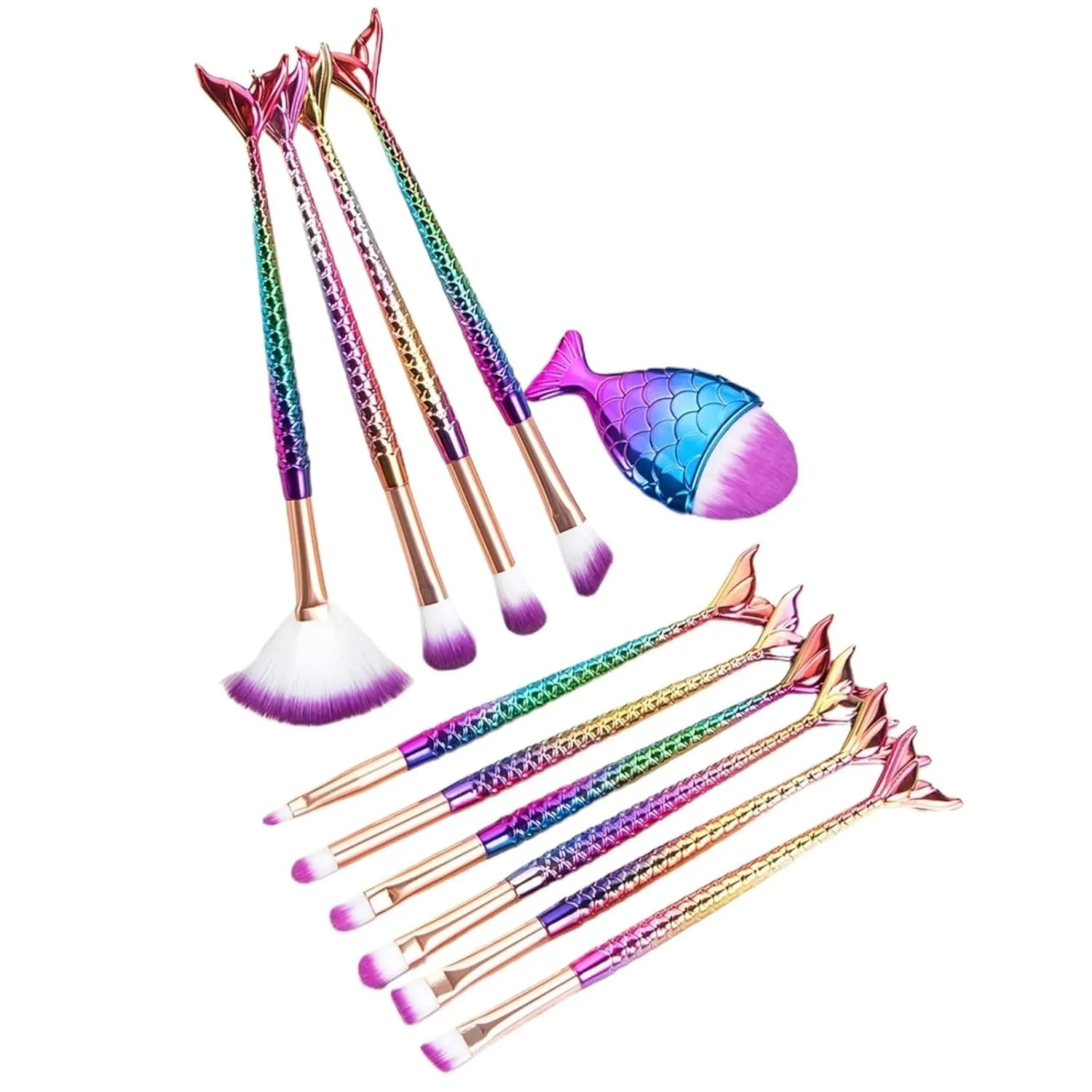 Eyeshadow blush brush 11 pcs mermaid makeup brushes, fish tail brush set, beauty tools(Gold)