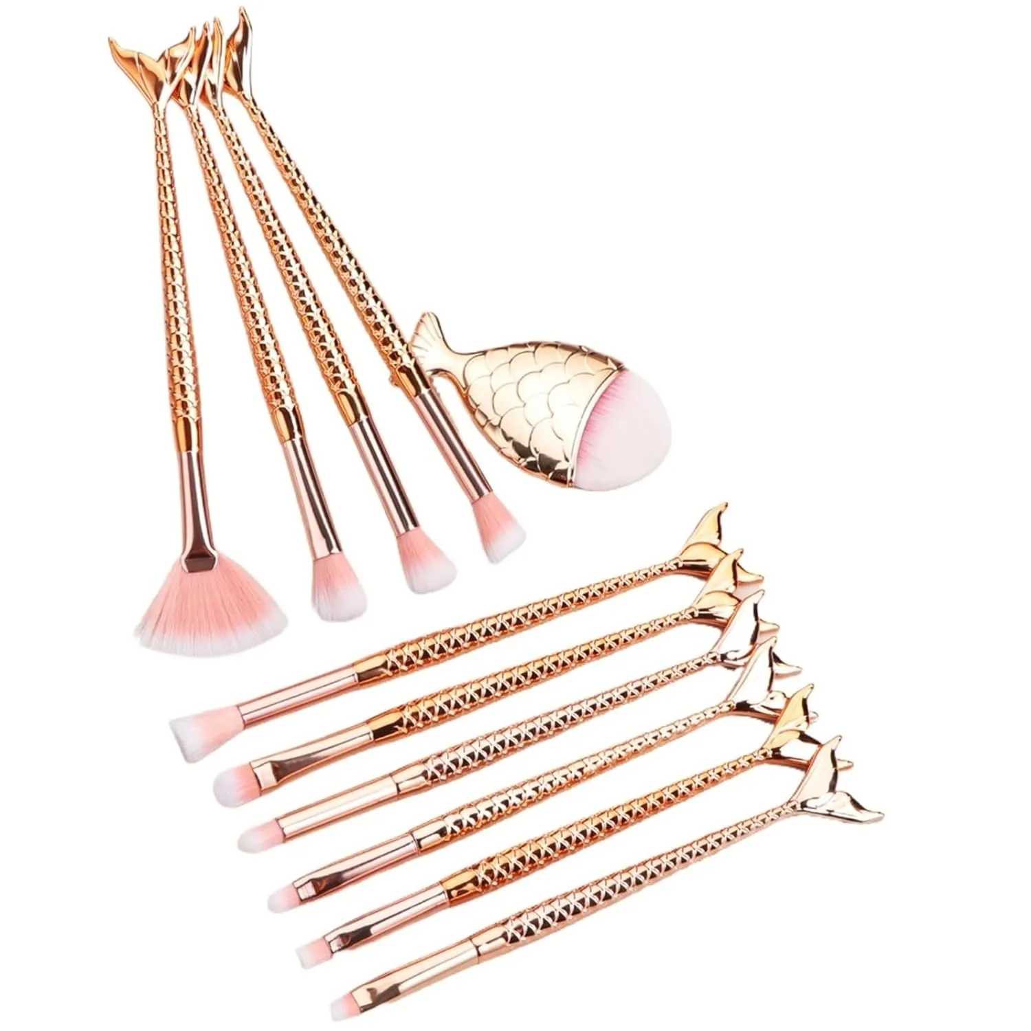 Eyeshadow blush brush 11 pcs mermaid makeup brushes, fish tail brush set, beauty tools(Gold)