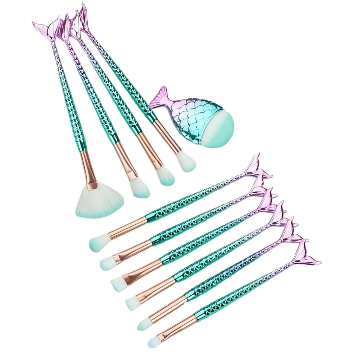 Eyeshadow blush brush 11 pcs mermaid makeup brushes, fish tail brush set, beauty tools(Gold)