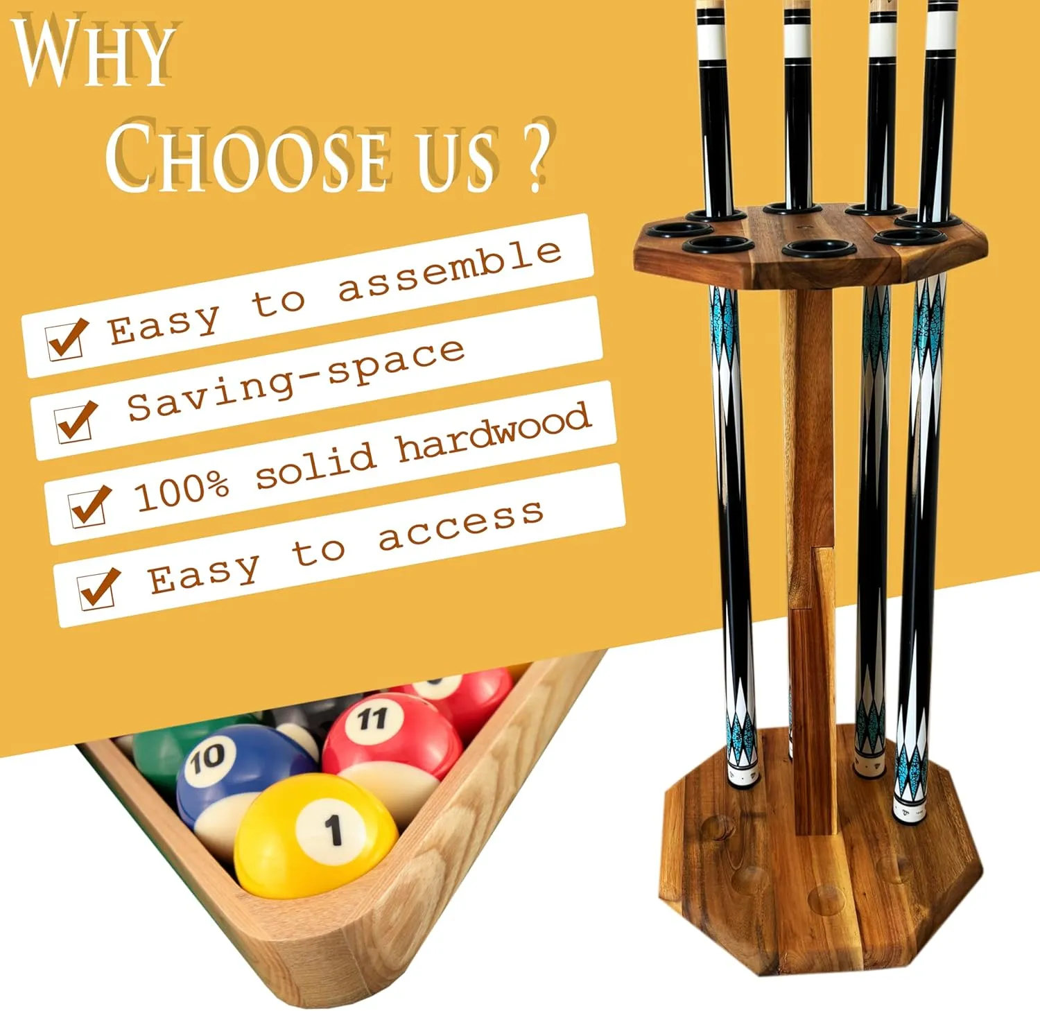 Freestanding Billiard Cue Rack, Pool Table Accessories Hold 8 Cues, Pool Cue Stick Holder, Wooden Floor Stand Pool Cue Holder for Billiard Game Room (Brown)