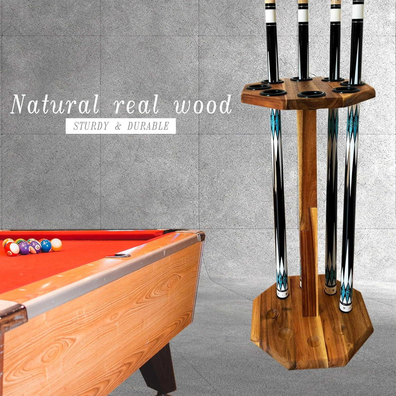 Freestanding Billiard Cue Rack, Pool Table Accessories Hold 8 Cues, Pool Cue Stick Holder, Wooden Floor Stand Pool Cue Holder for Billiard Game Room (Brown)