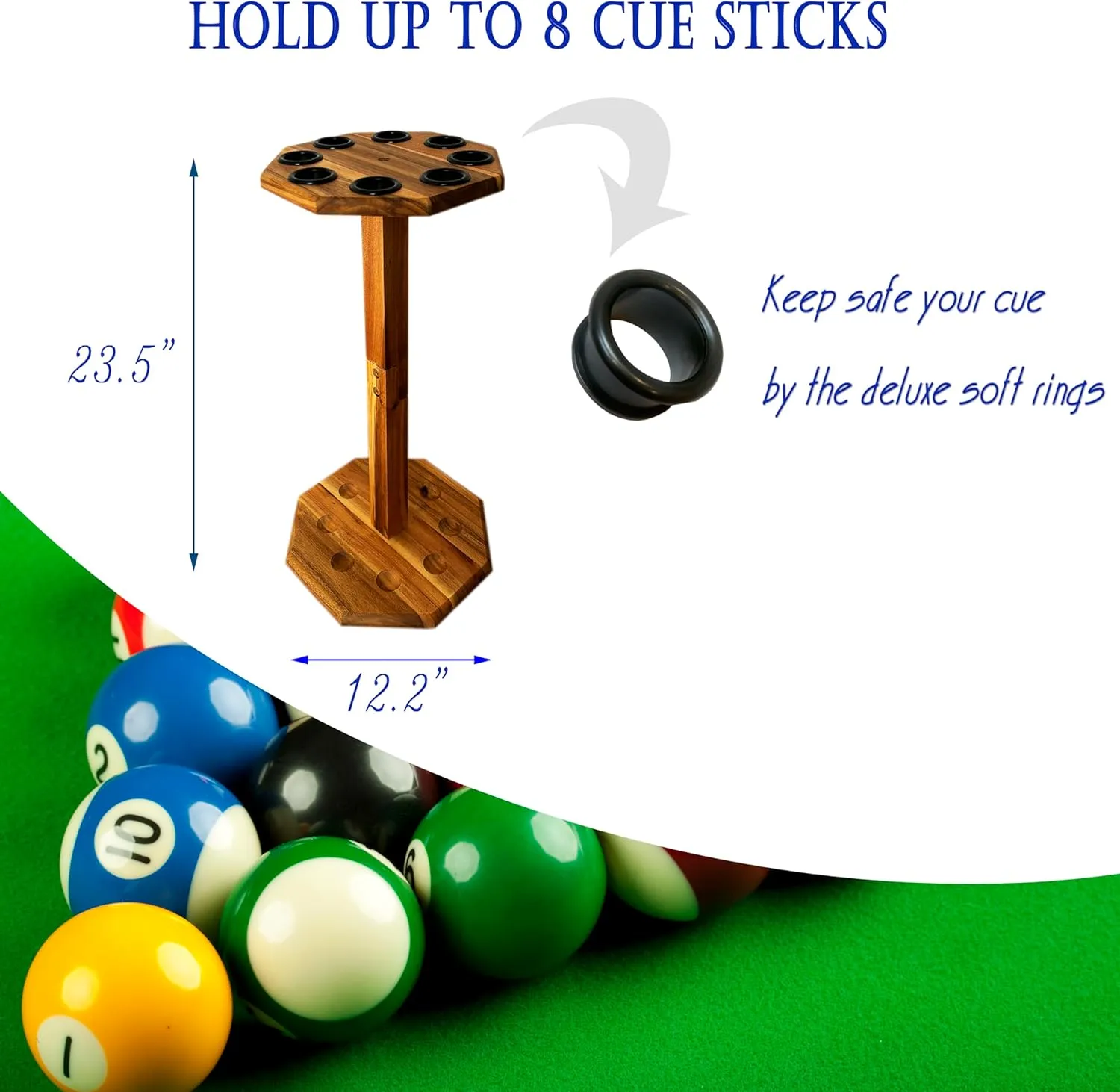 Freestanding Billiard Cue Rack, Pool Table Accessories Hold 8 Cues, Pool Cue Stick Holder, Wooden Floor Stand Pool Cue Holder for Billiard Game Room (Brown)